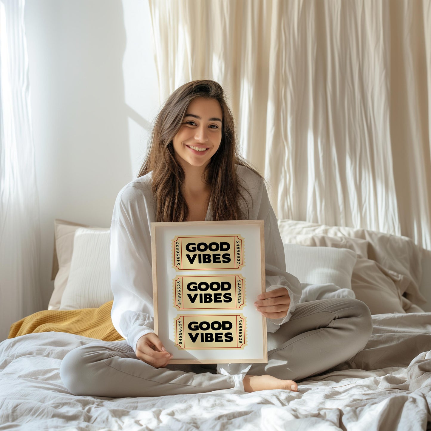 Retro-style typography poster featuring three vintage beige tickets stacked vertically, each with bold black text reading “Good Vibes.” Fun, positive wall art inspired by nostalgic ticket designs. Perfect for uplifting home décor, offices, or as a cheerful gift. Professionally printed to order on premium satin photo paper by Hues & Reflections UK.