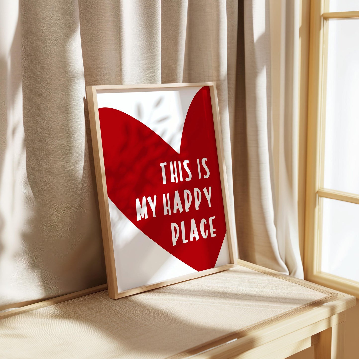 Colourful quote print featuring the phrase “This Is My Happy Place” in cheerful modern typography. Bright and uplifting wall art that adds positivity to any room, from bedroom to living space. Ideal as a thoughtful gift or mood-boosting home décor. Printed to order on premium satin photo paper by Hues & Reflections UK.