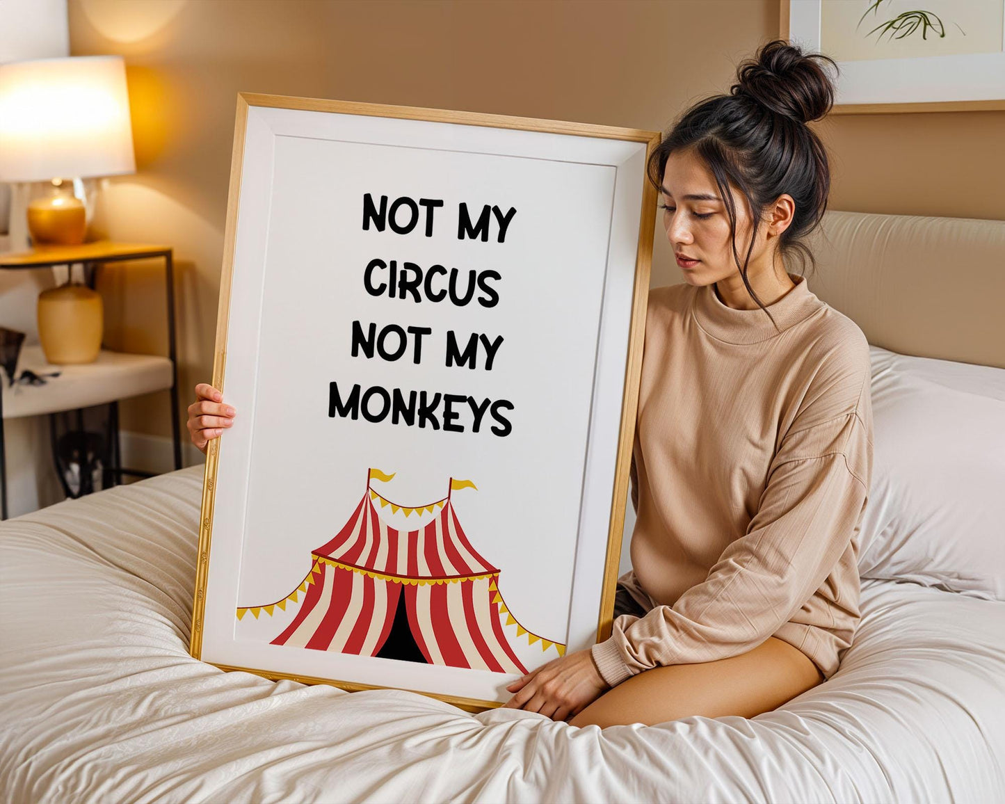 Vibrant humorous wall art featuring the quote “Not My Circus, Not My Monkeys” with a colourful circus tent design. Funny typography poster perfect for home offices or living rooms. Playful gift idea for friends or colleagues who love witty, motivational quotes. Printed to order on premium satin photo paper by Hues & Reflections UK.