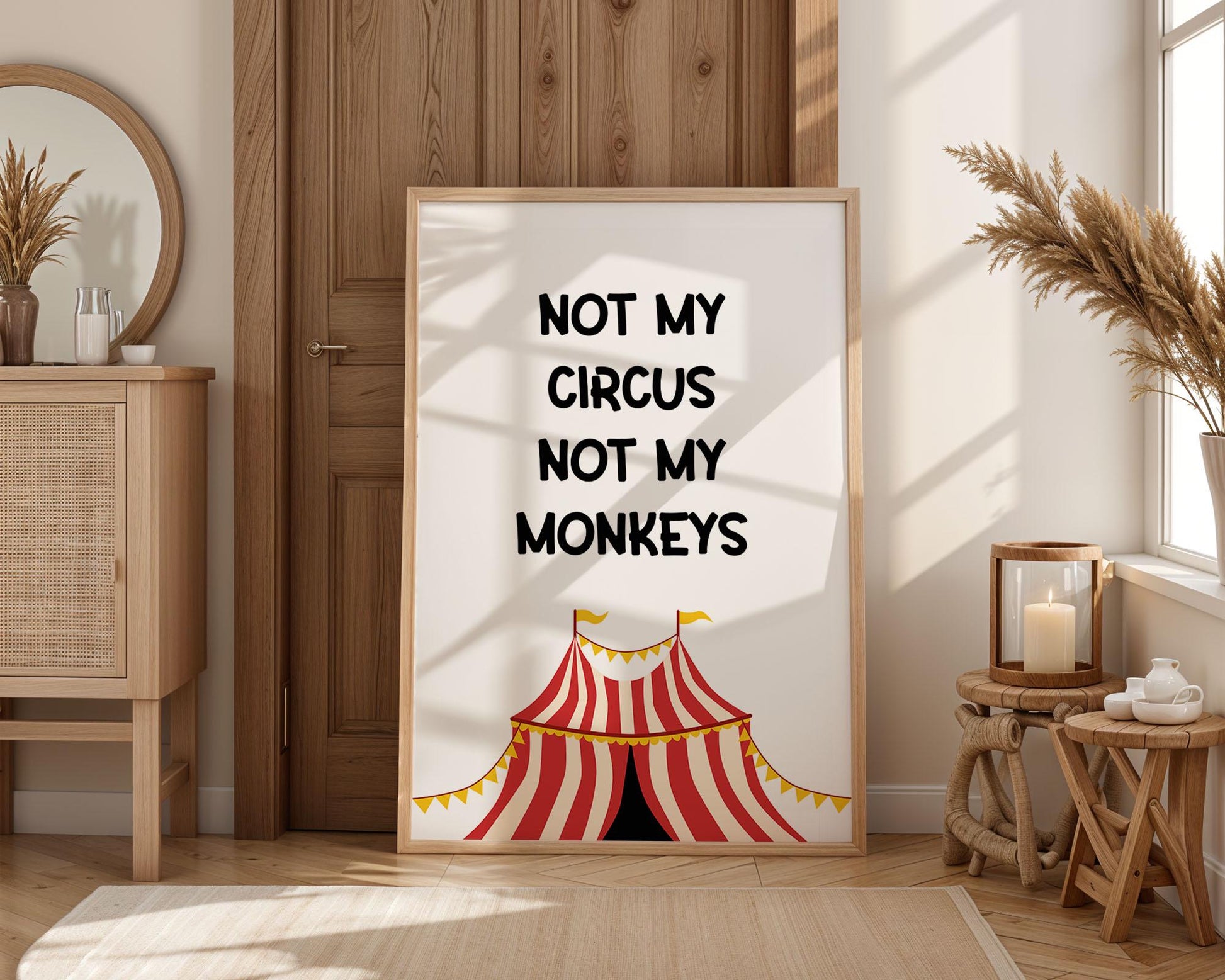 Vibrant humorous wall art featuring the quote “Not My Circus, Not My Monkeys” with a colourful circus tent design. Funny typography poster perfect for home offices or living rooms. Playful gift idea for friends or colleagues who love witty, motivational quotes. Printed to order on premium satin photo paper by Hues & Reflections UK.