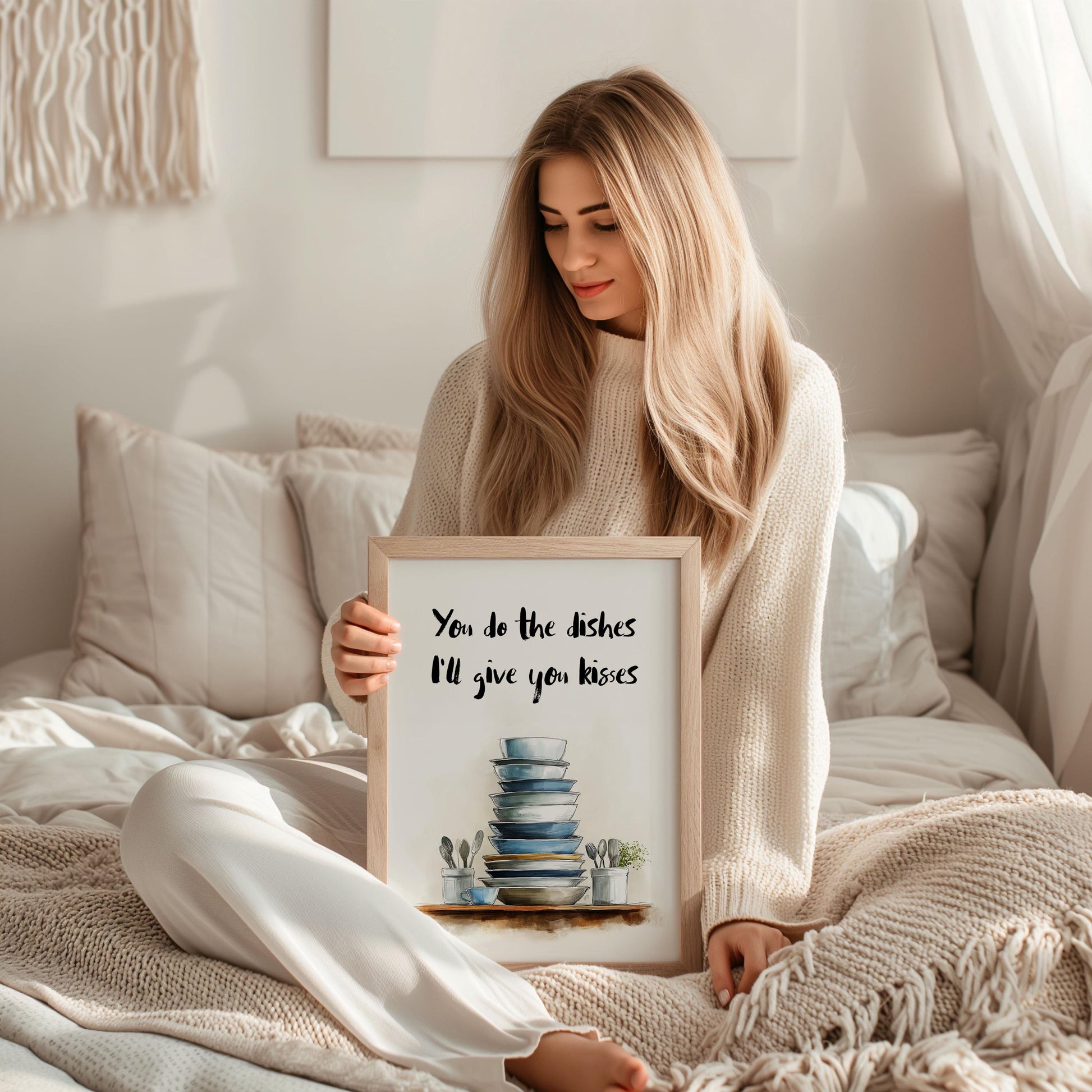 Charming kitchen wall art featuring a stack of blue and white dishes with the handwritten quote “You do the dishes, I’ll give you kisses.” Romantic and funny home décor print ideal for kitchens or dining rooms. Perfect gift for couples who love playful, modern artwork. Professionally printed to order on premium satin photo paper by Hues & Reflections UK.