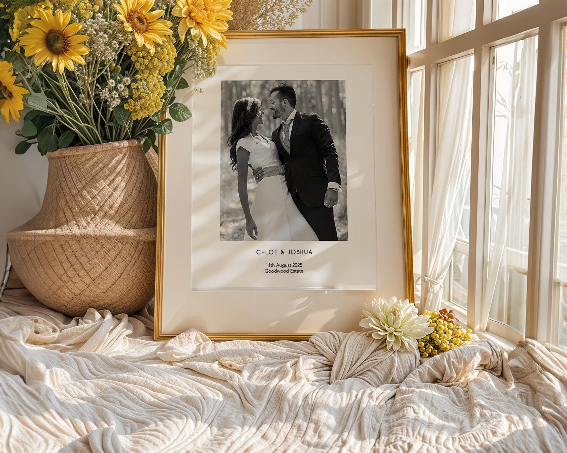 A personalised wedding photo print featuring a couple on their wedding day in elegant natural light. The bride wears an off-shoulder white gown and holds a soft green and white bouquet while the groom embraces her. Minimal modern layout with names, wedding date and venue below the image. A stylish custom keepsake for couples, weddings, anniversaries or home decor.