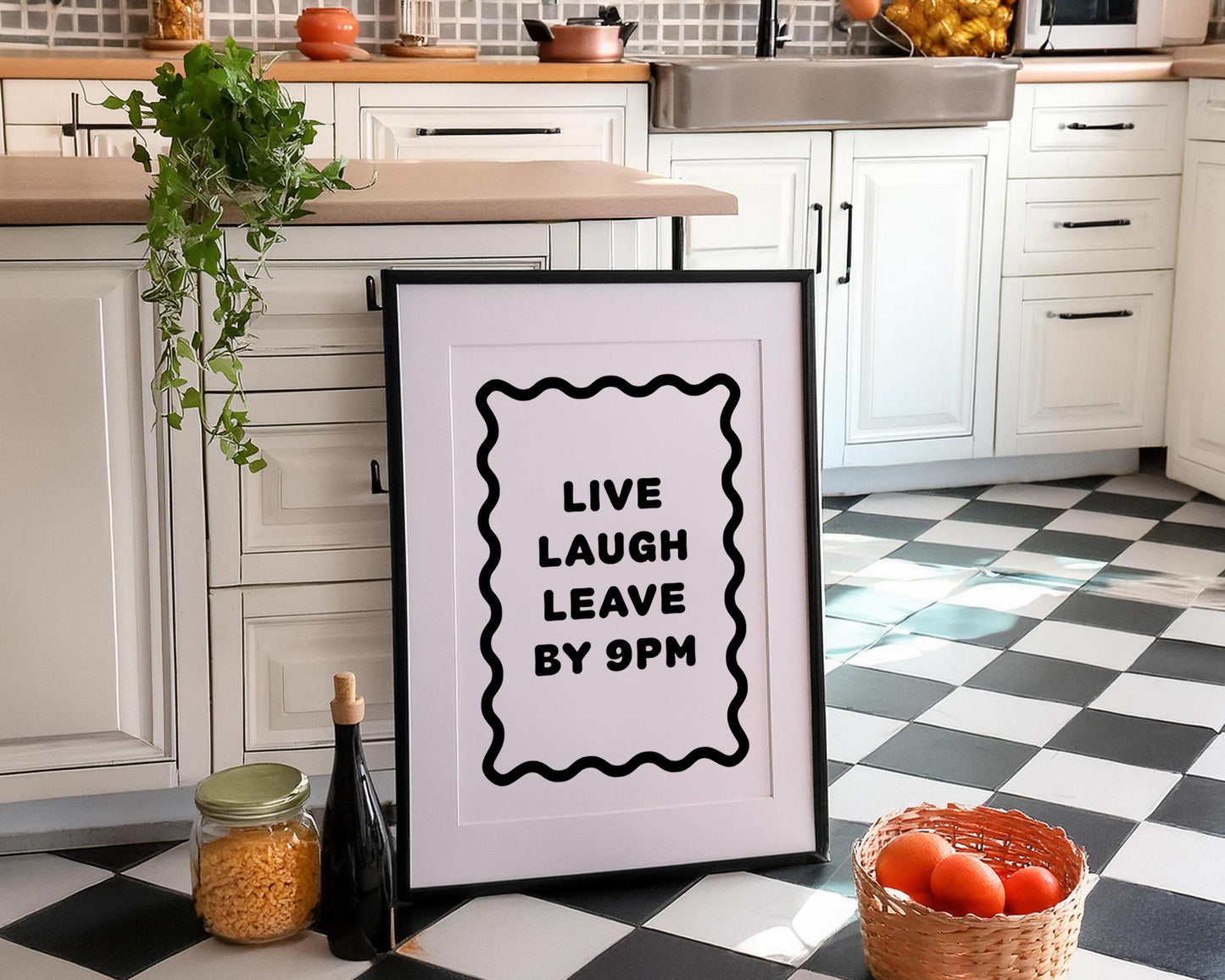 Bold black and white typography poster featuring the phrase “Live Laugh Leave By 9pm” framed by a wavy border. Minimalist modern design perfect for living rooms, hallways, or home offices. Funny quote wall art ideal for introverts, humour lovers, or as a witty gift for friends. Printed on premium satin paper, made in the UK by Hues & Reflections.