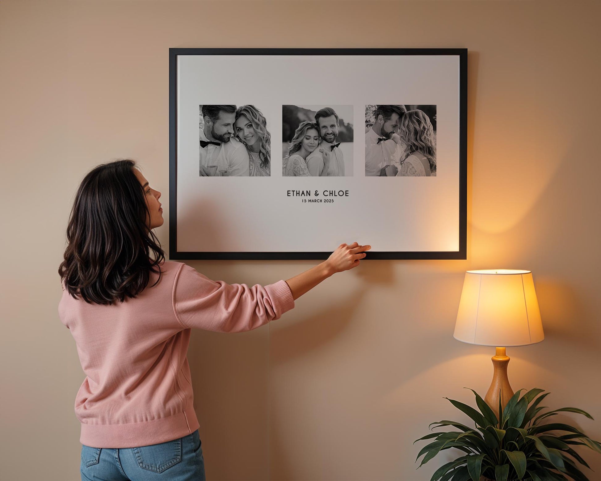 Photo Gift, Boyfriend Quote, Personalised Couples Anniversary Print Ideal for Valentines Day Gift or First Anniversary, Collage Memorable Gift for Partner Elegant personalised wedding photo collage featuring three photos of a couple in modern minimalist layout. Customisable with names and a special date, available in colour or black and white. Perfect engagement, anniversary, or wedding gift print for couples. Professionally printed to order on premium satin photo paper by Hues & Reflections UK.