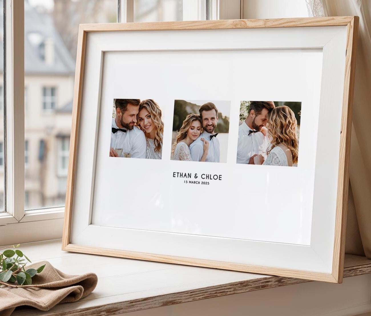 Photo Gift, Boyfriend Quote, Personalised Couples Anniversary Print Ideal for Valentines Day Gift or First Anniversary, Collage Memorable Gift for Partner Elegant personalised wedding photo collage featuring three photos of a couple in modern minimalist layout. Customisable with names and a special date, available in colour or black and white. Perfect engagement, anniversary, or wedding gift print for couples. Professionally printed to order on premium satin photo paper by Hues & Reflections UK.