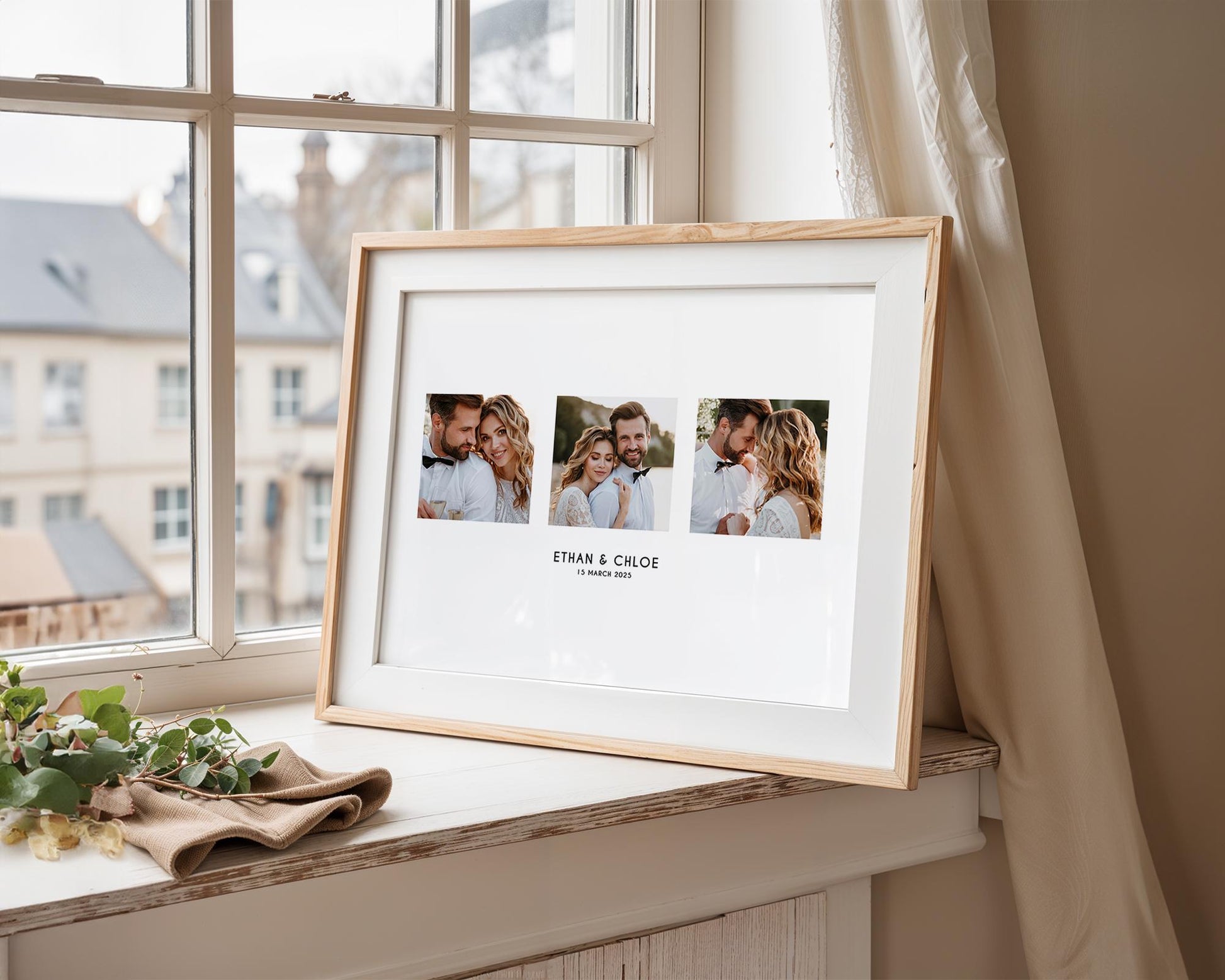 Photo Gift, Boyfriend Quote, Personalised Couples Anniversary Print Ideal for Valentines Day Gift or First Anniversary, Collage Memorable Gift for Partner Elegant personalised wedding photo collage featuring three photos of a couple in modern minimalist layout. Customisable with names and a special date, available in colour or black and white. Perfect engagement, anniversary, or wedding gift print for couples. Professionally printed to order on premium satin photo paper by Hues & Reflections UK.