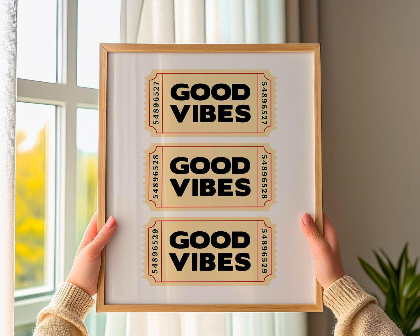 Retro-style typography poster featuring three vintage beige tickets stacked vertically, each with bold black text reading “Good Vibes.” Fun, positive wall art inspired by nostalgic ticket designs. Perfect for uplifting home décor, offices, or as a cheerful gift. Professionally printed to order on premium satin photo paper by Hues & Reflections UK.