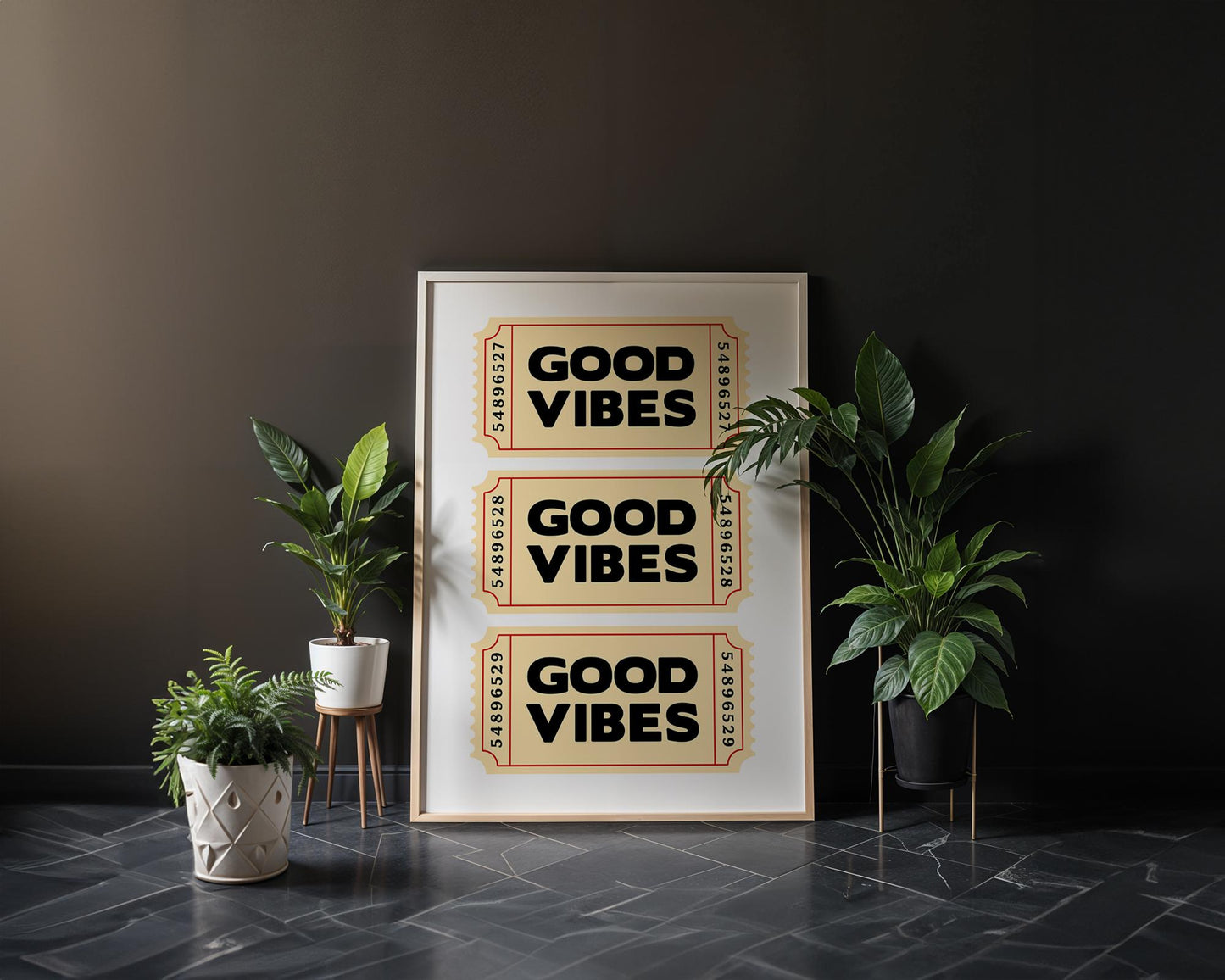 Retro-style typography poster featuring three vintage beige tickets stacked vertically, each with bold black text reading “Good Vibes.” Fun, positive wall art inspired by nostalgic ticket designs. Perfect for uplifting home décor, offices, or as a cheerful gift. Professionally printed to order on premium satin photo paper by Hues & Reflections UK.