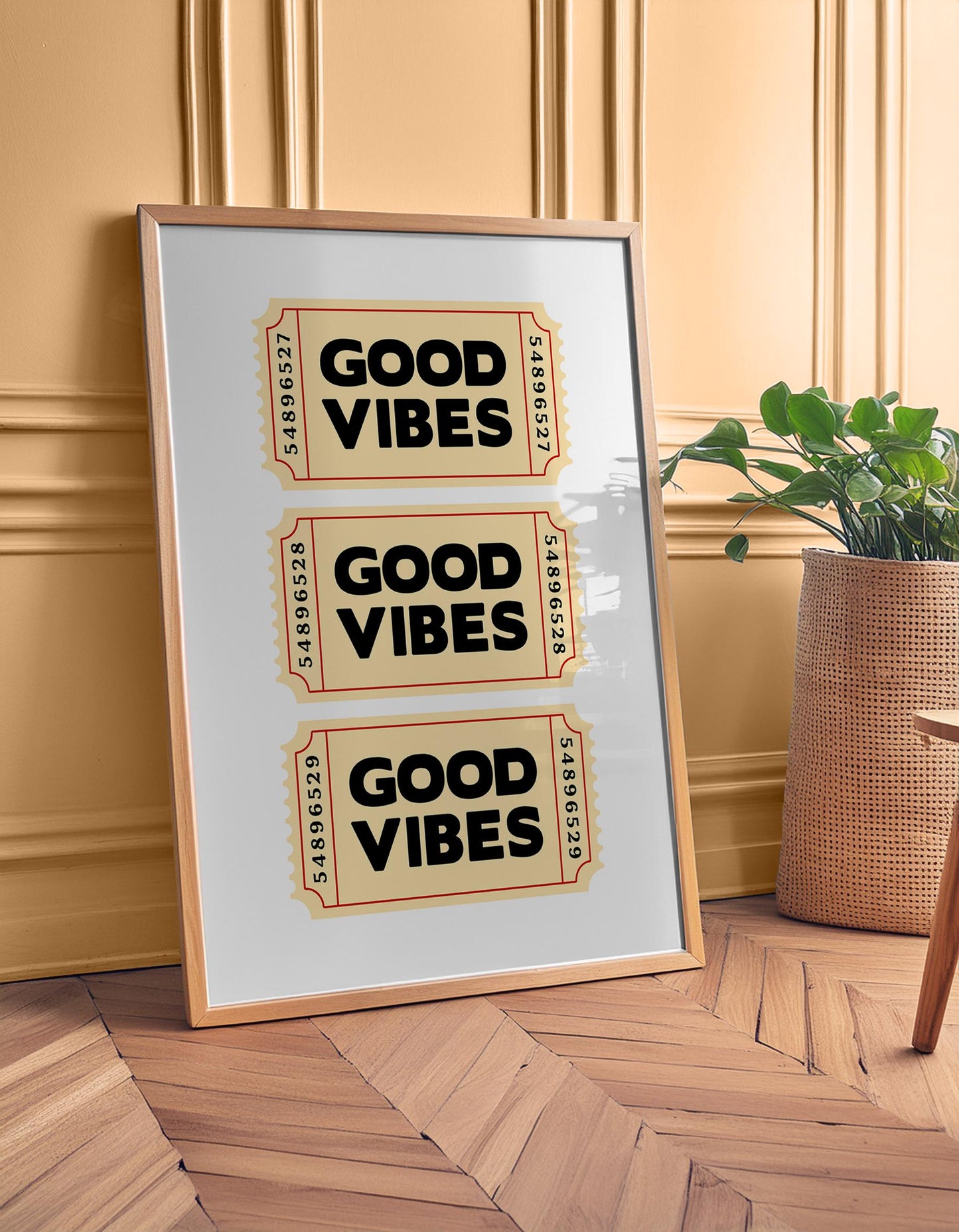 Retro-style typography poster featuring three vintage beige tickets stacked vertically, each with bold black text reading “Good Vibes.” Fun, positive wall art inspired by nostalgic ticket designs. Perfect for uplifting home décor, offices, or as a cheerful gift. Professionally printed to order on premium satin photo paper by Hues & Reflections UK.