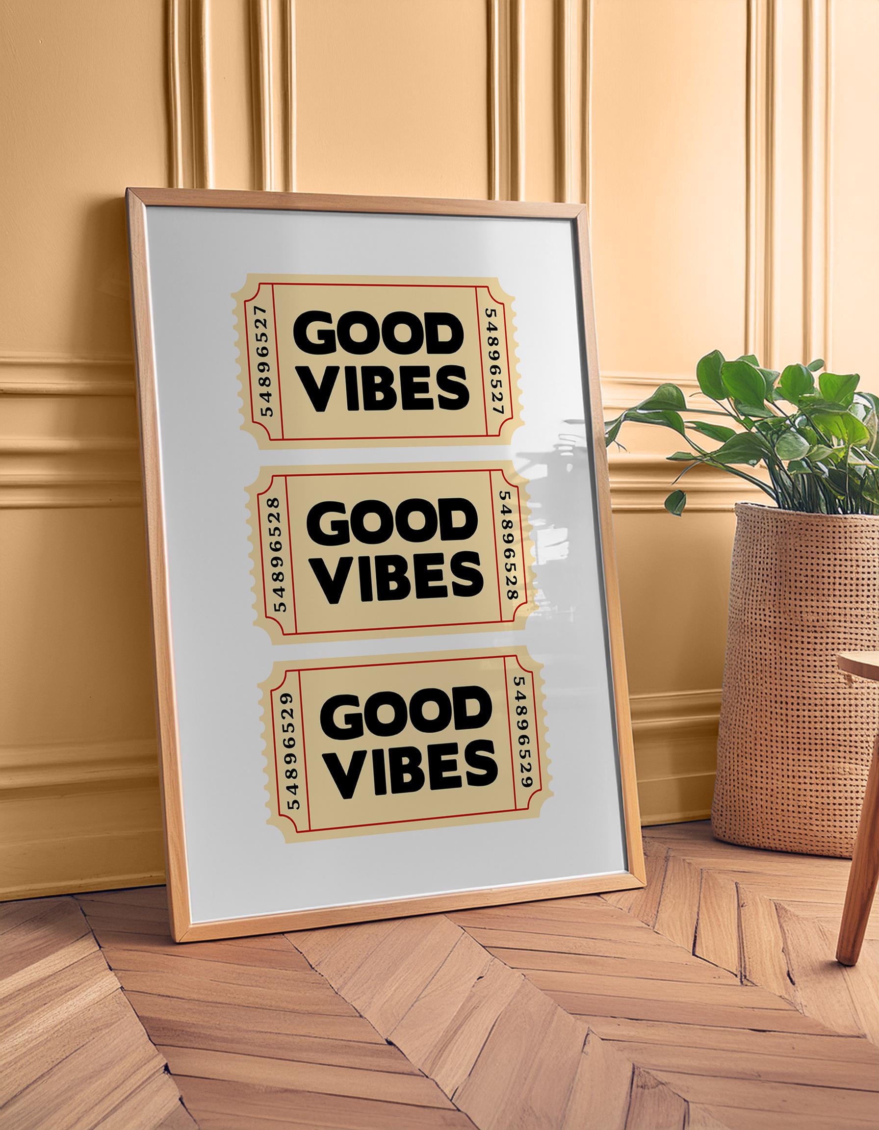 Retro-style typography poster featuring three vintage beige tickets stacked vertically, each with bold black text reading “Good Vibes.” Fun, positive wall art inspired by nostalgic ticket designs. Perfect for uplifting home décor, offices, or as a cheerful gift. Professionally printed to order on premium satin photo paper by Hues & Reflections UK.