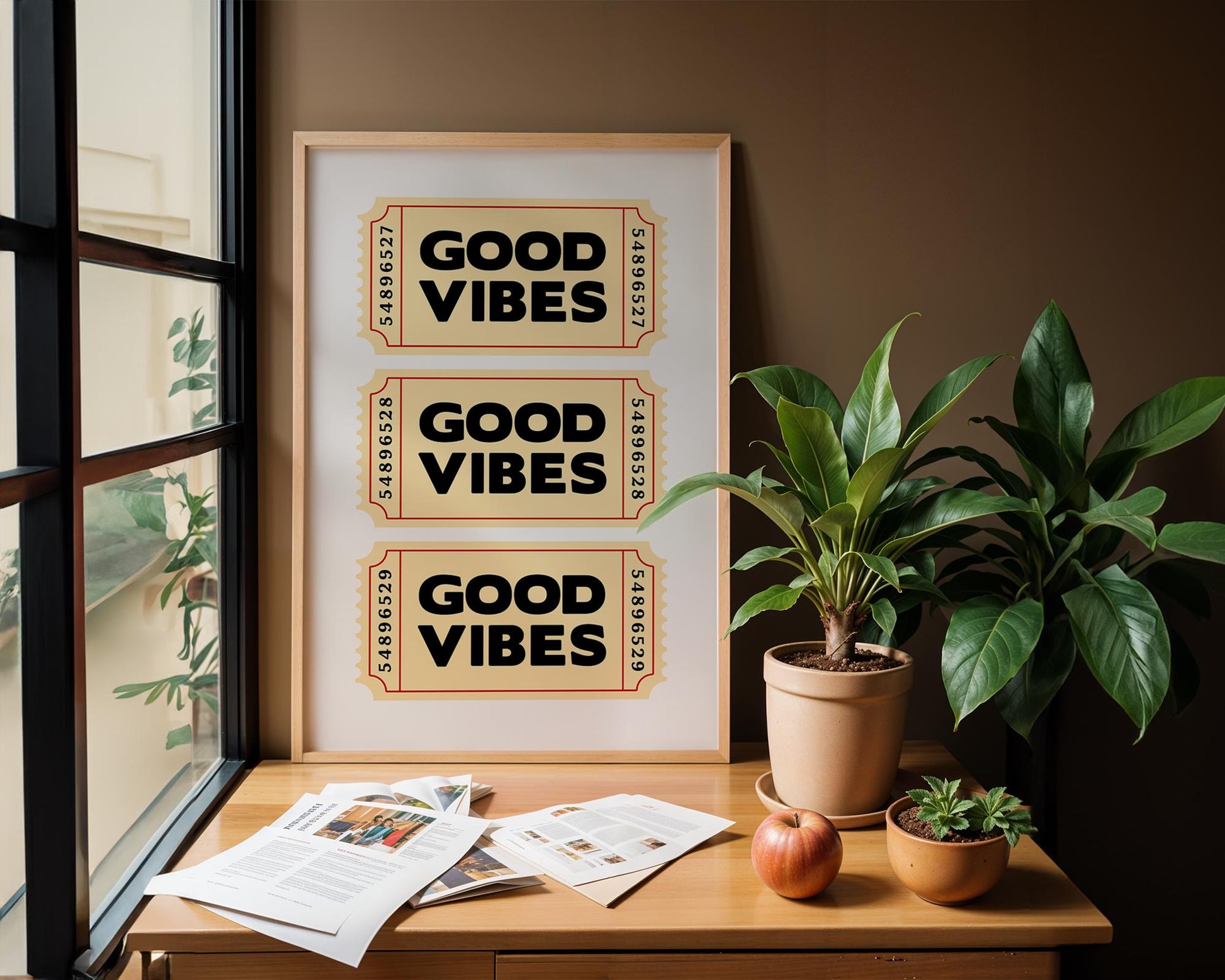 Retro-style typography poster featuring three vintage beige tickets stacked vertically, each with bold black text reading “Good Vibes.” Fun, positive wall art inspired by nostalgic ticket designs. Perfect for uplifting home décor, offices, or as a cheerful gift. Professionally printed to order on premium satin photo paper by Hues & Reflections UK.