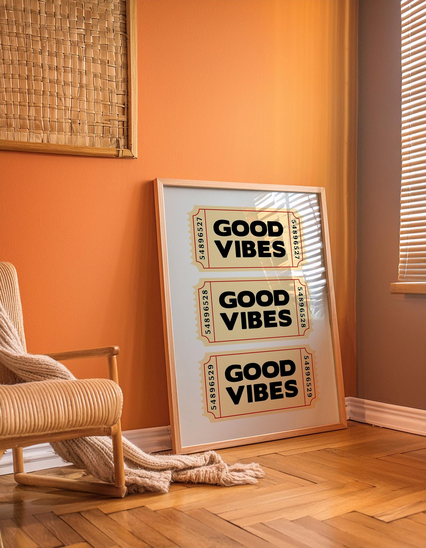 Retro-style typography poster featuring three vintage beige tickets stacked vertically, each with bold black text reading “Good Vibes.” Fun, positive wall art inspired by nostalgic ticket designs. Perfect for uplifting home décor, offices, or as a cheerful gift. Professionally printed to order on premium satin photo paper by Hues & Reflections UK.