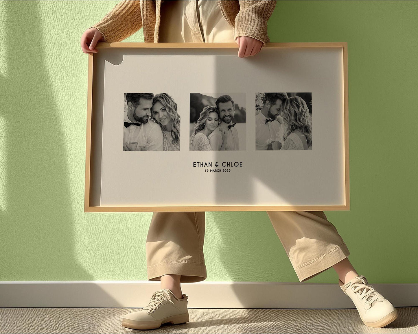 Photo Gift, Boyfriend Quote, Personalised Couples Anniversary Print Ideal for Valentines Day Gift or First Anniversary, Collage Memorable Gift for Partner Elegant personalised wedding photo collage featuring three photos of a couple in modern minimalist layout. Customisable with names and a special date, available in colour or black and white. Perfect engagement, anniversary, or wedding gift print for couples. Professionally printed to order on premium satin photo paper by Hues & Reflections UK.