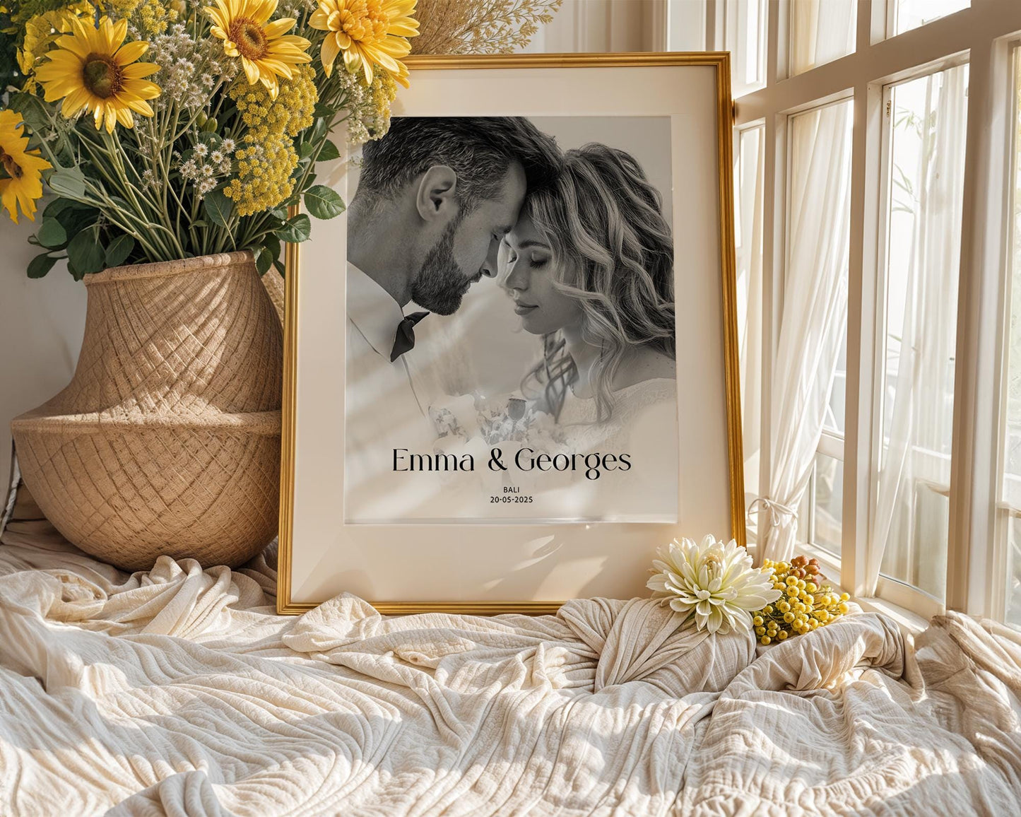 Photo Gift, Boyfriend Quote, Personalised Couples Anniversary Print Ideal for Valentines Day Gift or First Anniversary, Collage Memorable Gift for Partner Elegant personalised wedding photo collage featuring three photos of a couple in modern minimalist layout. Customisable with names and a special date, available in colour or black and white. Perfect engagement, anniversary, or wedding gift print for couples. Professionally printed to order on premium satin photo paper by Hues & Reflections UK.