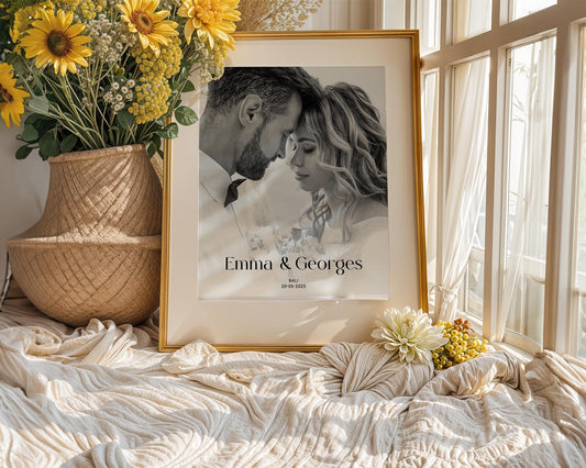 Photo Gift, Boyfriend Quote, Personalised Couples Anniversary Print Ideal for Valentines Day Gift or First Anniversary, Collage Memorable Gift for Partner Elegant personalised wedding photo collage featuring three photos of a couple in modern minimalist layout. Customisable with names and a special date, available in colour or black and white. Perfect engagement, anniversary, or wedding gift print for couples. Professionally printed to order on premium satin photo paper by Hues & Reflections UK.