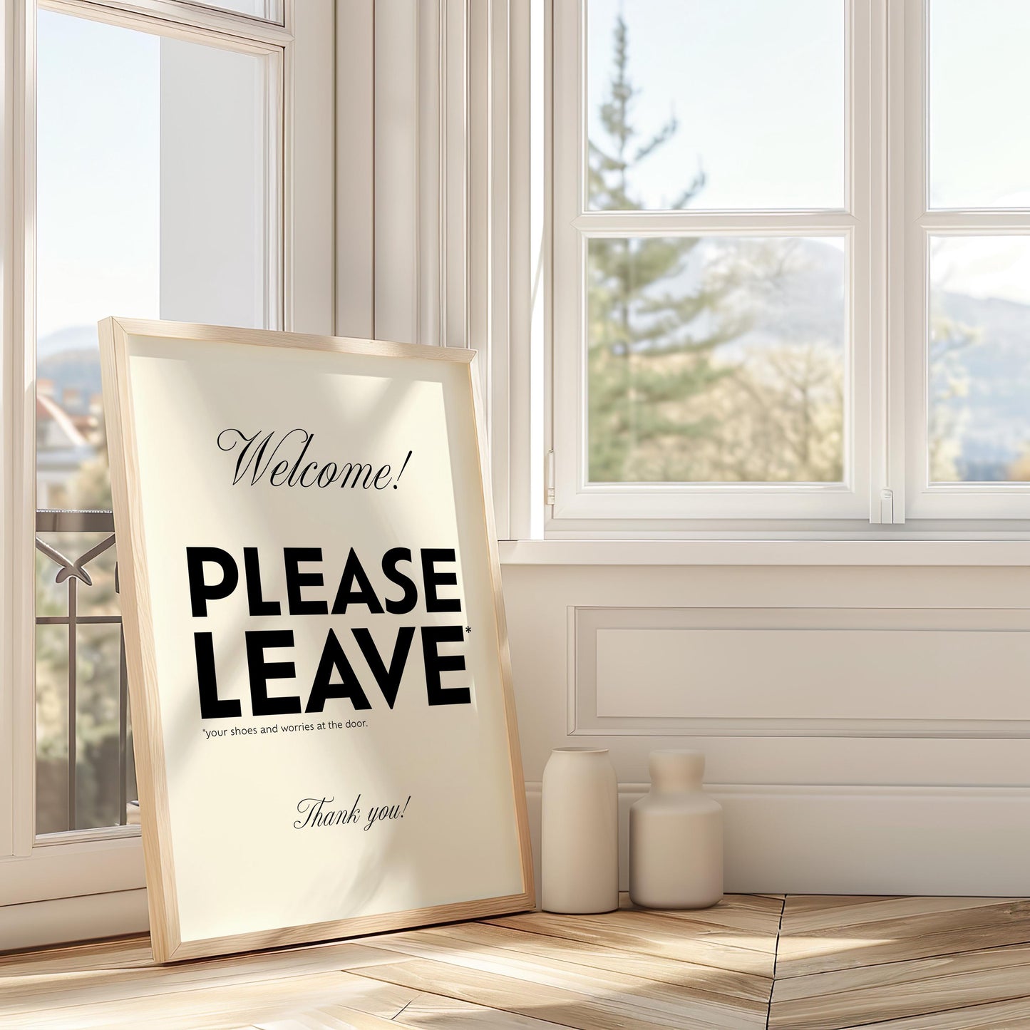 Welcome Please Leave Your Shoes and Worries at the Door funny minimalist typography wall art print in black and white, witty entryway sign and hallway decor poster, quirky housewarming gift and new home present, foyer mudroom and front door art, modern home decor with bold typography and elegant script, printed on premium 260gsm satin lustre photo paper, available in A2 A3 A4 and A5 sizes, ready to frame, handmade in the UK by Hues and Reflections small business