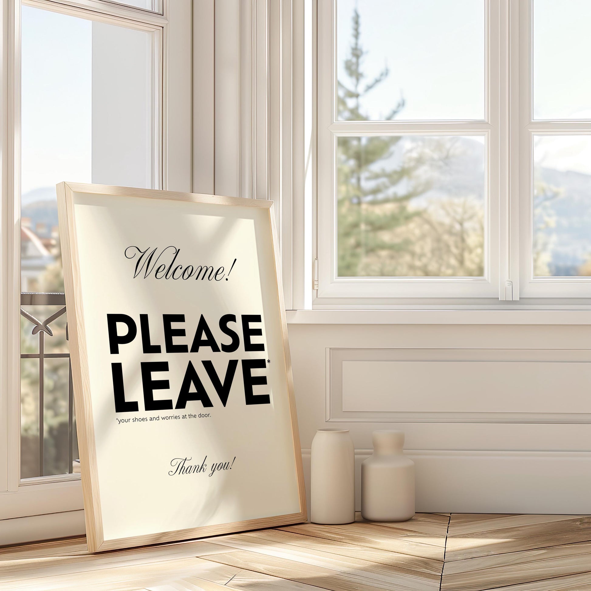 Welcome Please Leave Your Shoes and Worries at the Door funny minimalist typography wall art print in black and white, witty entryway sign and hallway decor poster, quirky housewarming gift and new home present, foyer mudroom and front door art, modern home decor with bold typography and elegant script, printed on premium 260gsm satin lustre photo paper, available in A2 A3 A4 and A5 sizes, ready to frame, handmade in the UK by Hues and Reflections small business