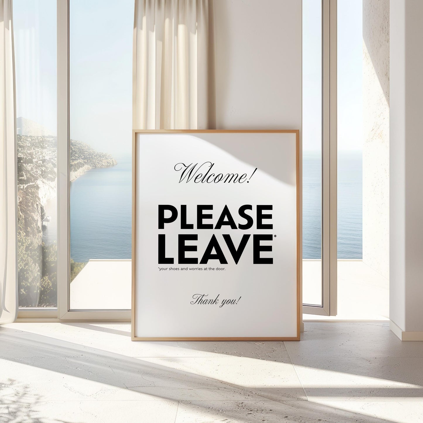 Welcome Please Leave Your Shoes and Worries at the Door funny minimalist typography wall art print in black and white, witty entryway sign and hallway decor poster, quirky housewarming gift and new home present, foyer mudroom and front door art, modern home decor with bold typography and elegant script, printed on premium 260gsm satin lustre photo paper, available in A2 A3 A4 and A5 sizes, ready to frame, handmade in the UK by Hues and Reflections small business