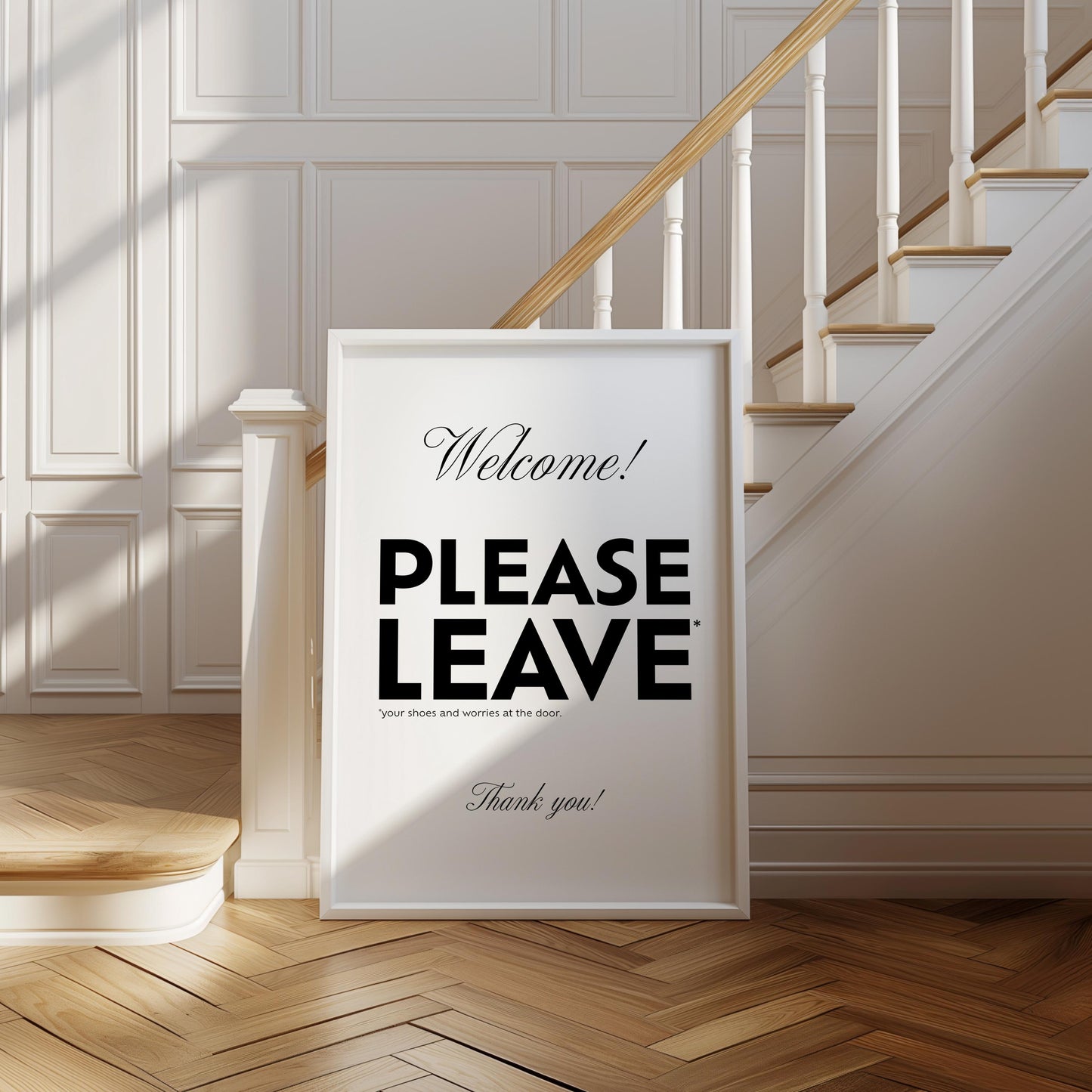 Welcome Please Leave Your Shoes and Worries at the Door funny minimalist typography wall art print in black and white, witty entryway sign and hallway decor poster, quirky housewarming gift and new home present, foyer mudroom and front door art, modern home decor with bold typography and elegant script, printed on premium 260gsm satin lustre photo paper, available in A2 A3 A4 and A5 sizes, ready to frame, handmade in the UK by Hues and Reflections small business
