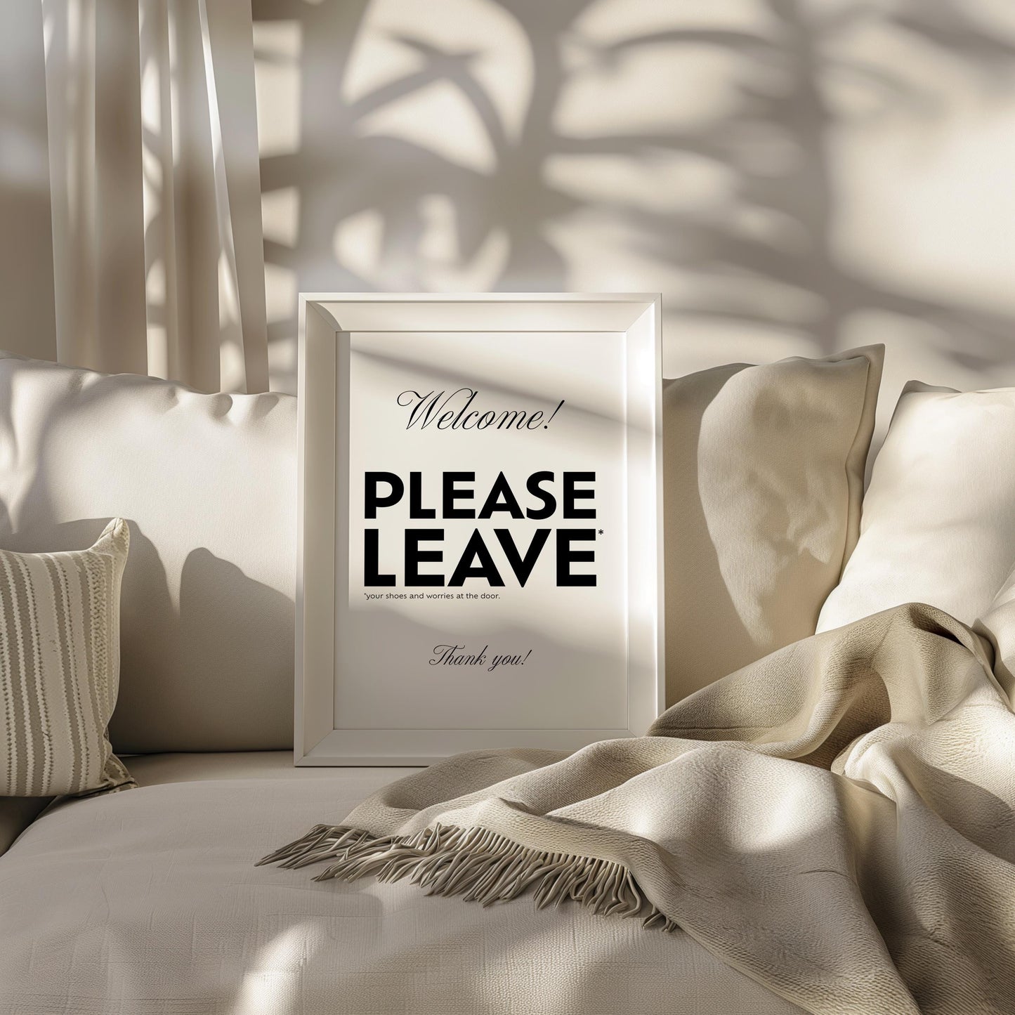 Welcome Please Leave Your Shoes and Worries at the Door funny minimalist typography wall art print in black and white, witty entryway sign and hallway decor poster, quirky housewarming gift and new home present, foyer mudroom and front door art, modern home decor with bold typography and elegant script, printed on premium 260gsm satin lustre photo paper, available in A2 A3 A4 and A5 sizes, ready to frame, handmade in the UK by Hues and Reflections small business