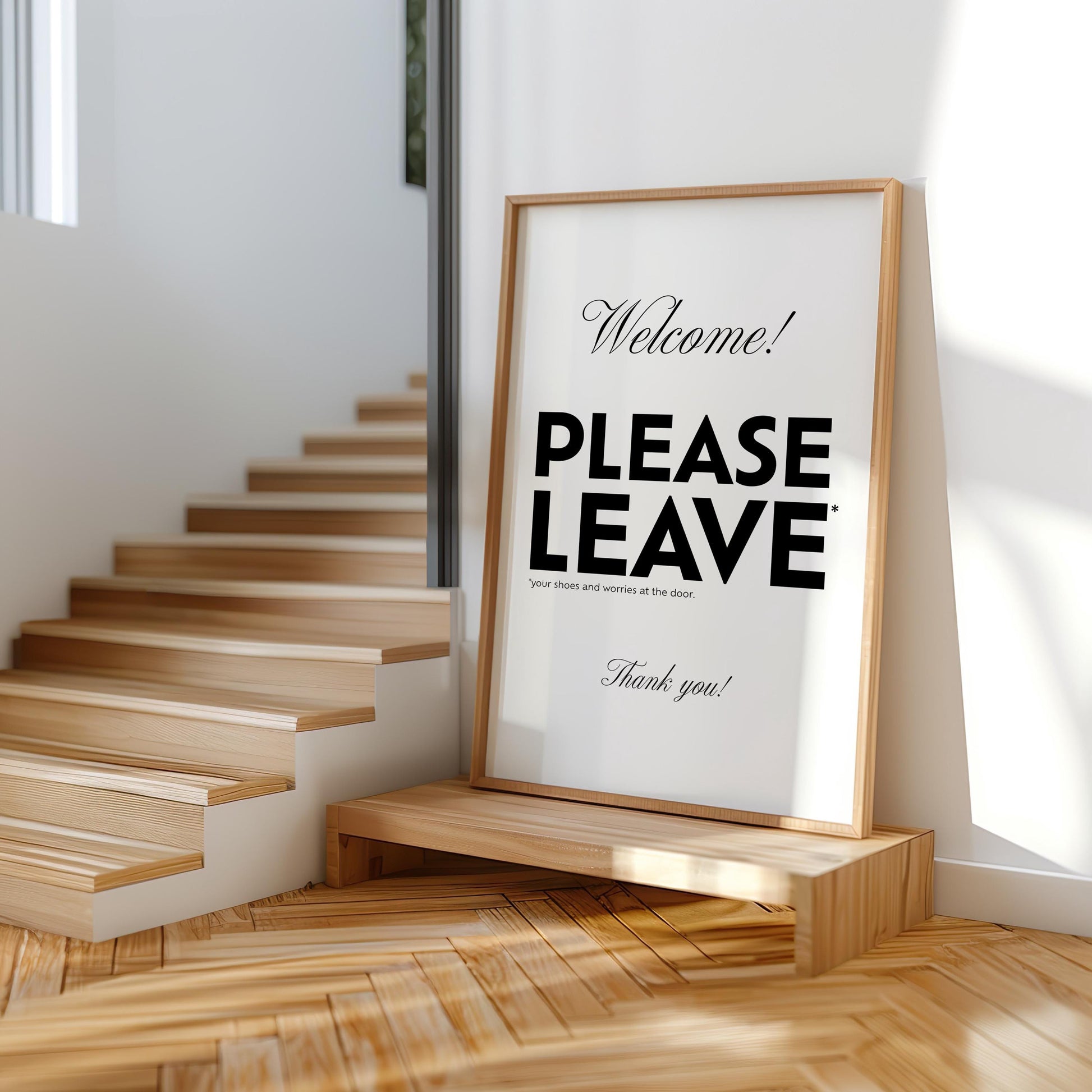 Welcome Please Leave Your Shoes and Worries at the Door funny minimalist typography wall art print in black and white, witty entryway sign and hallway decor poster, quirky housewarming gift and new home present, foyer mudroom and front door art, modern home decor with bold typography and elegant script, printed on premium 260gsm satin lustre photo paper, available in A2 A3 A4 and A5 sizes, ready to frame, handmade in the UK by Hues and Reflections small business