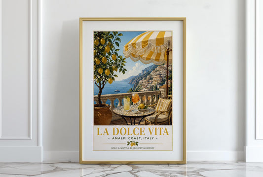 La Dolce Vita Vintage Travel Poster, Amalfi Coast Italy Print, Positano Wall Art, Italian Lemon Tree Kitchen Decor, Aperol Spritz Print