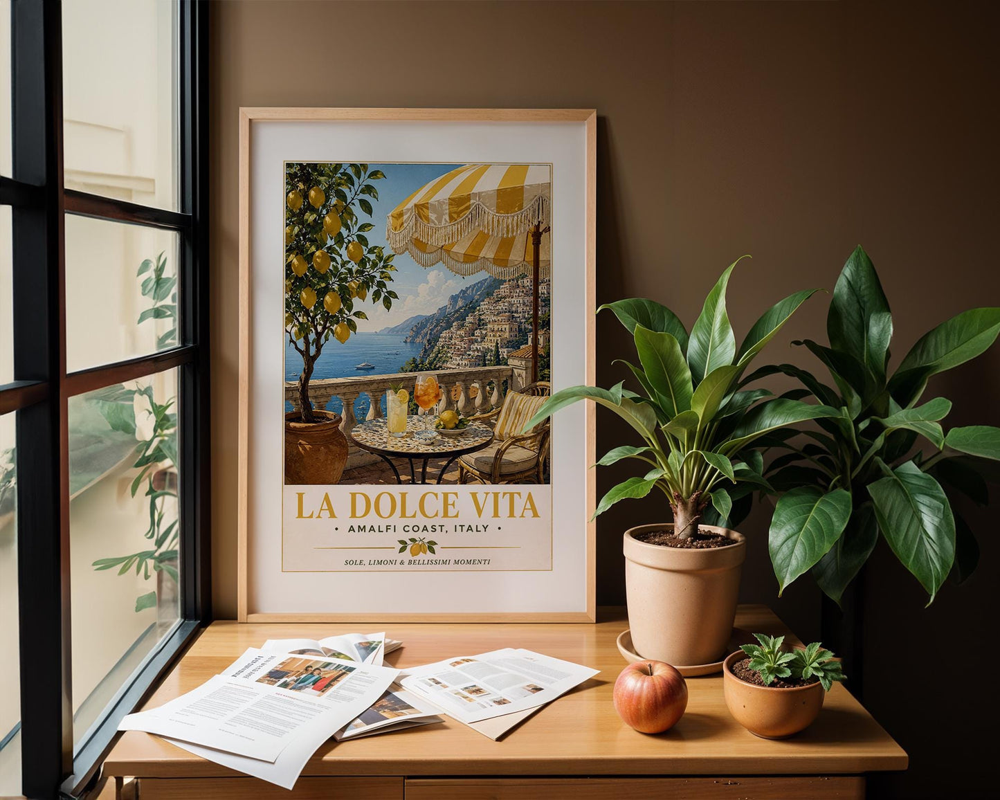 La Dolce Vita Vintage Travel Poster, Amalfi Coast Italy Print, Positano Wall Art, Italian Lemon Tree Kitchen Decor, Aperol Spritz Print