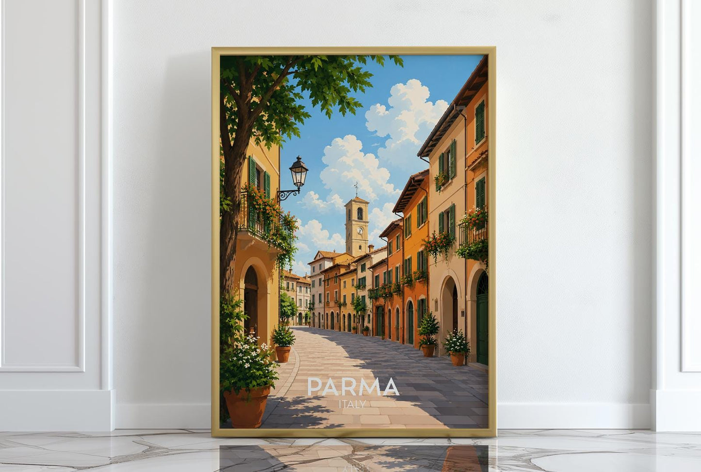Parma Italy travel poster featuring a sun-drenched cobbled street lined with warm ochre and terracotta buildings, green wooden shutters, flower-filled balconies and a bell tower against a blue summer sky, vintage Italian travel poster style wall art capturing the charm of Emilia Romagna, perfect Italy print for kitchens dining rooms food lovers and anyone with memories of Parma, printed on premium 260gsm satin lustre paper, handmade in the UK by Hues and Reflections small business
