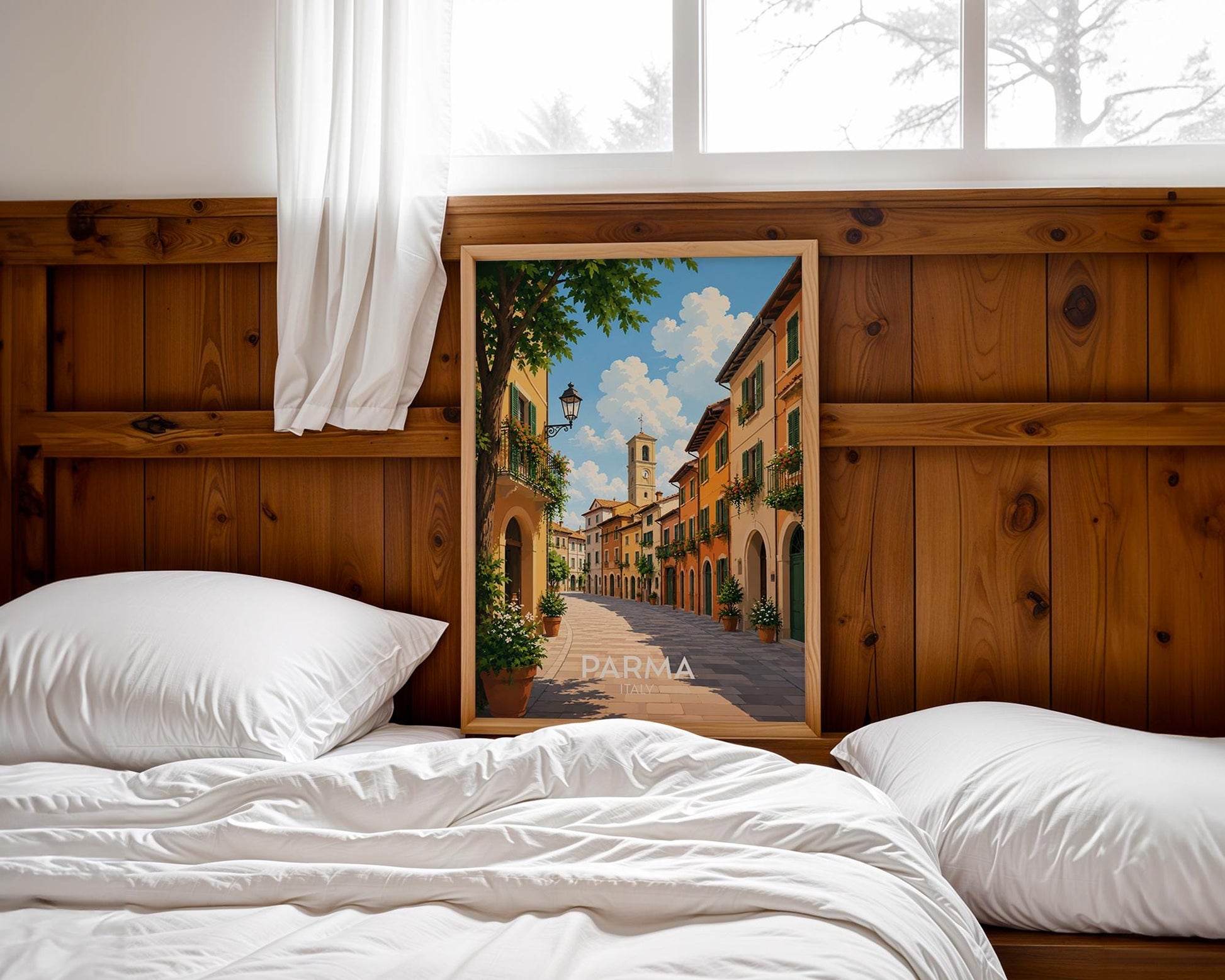 Parma Italy travel poster featuring a sun-drenched cobbled street lined with warm ochre and terracotta buildings, green wooden shutters, flower-filled balconies and a bell tower against a blue summer sky, vintage Italian travel poster style wall art capturing the charm of Emilia Romagna, perfect Italy print for kitchens dining rooms food lovers and anyone with memories of Parma, printed on premium 260gsm satin lustre paper, handmade in the UK by Hues and Reflections small business