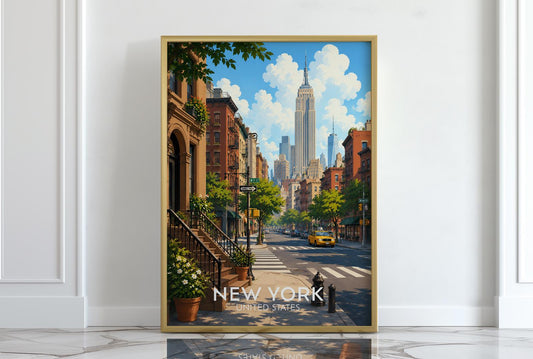 New York City travel poster featuring a sun-drenched West Village street scene with classic brownstone stoops, fire escapes, tree lined sidewalks, a yellow taxi cab and the Empire State Building rising into a bright blue sky, vintage style illustrated NYC wall art capturing the heart of Manhattan, perfect New York print for living rooms offices and anyone with memories of New York City, printed on premium 260gsm satin lustre paper, handmade in the UK by Hues and Reflections small business