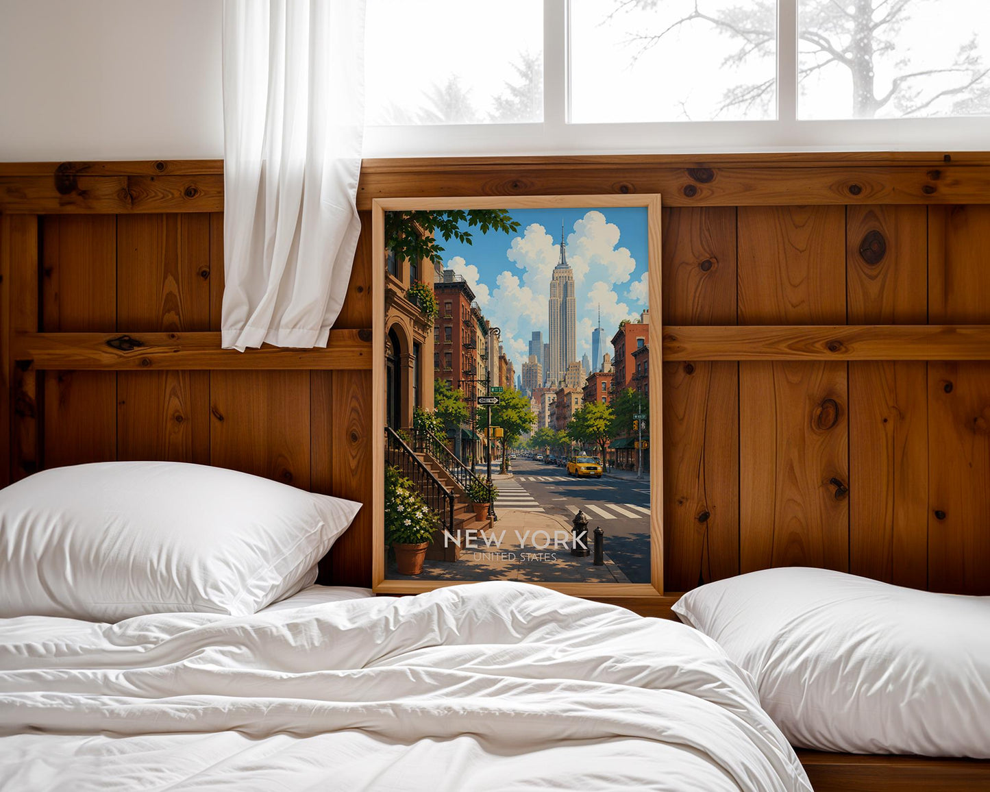 New York City travel poster featuring a sun-drenched West Village street scene with classic brownstone stoops, fire escapes, tree lined sidewalks, a yellow taxi cab and the Empire State Building rising into a bright blue sky, vintage style illustrated NYC wall art capturing the heart of Manhattan, perfect New York print for living rooms offices and anyone with memories of New York City, printed on premium 260gsm satin lustre paper, handmade in the UK by Hues and Reflections small business