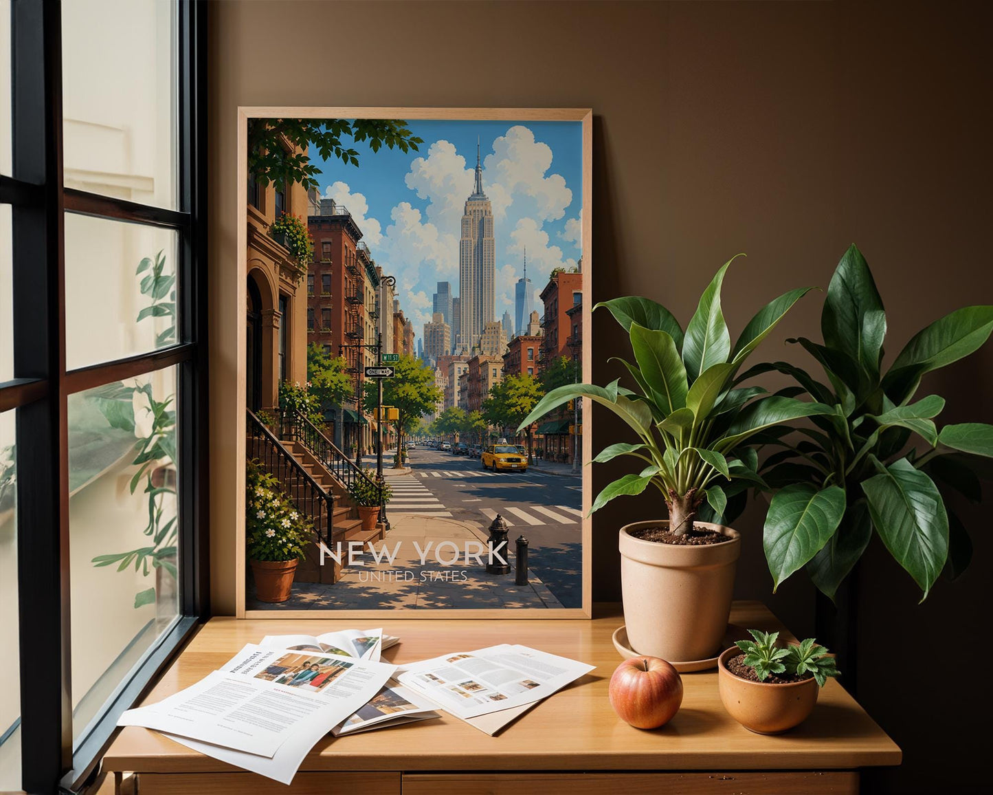 New York City travel poster featuring a sun-drenched West Village street scene with classic brownstone stoops, fire escapes, tree lined sidewalks, a yellow taxi cab and the Empire State Building rising into a bright blue sky, vintage style illustrated NYC wall art capturing the heart of Manhattan, perfect New York print for living rooms offices and anyone with memories of New York City, printed on premium 260gsm satin lustre paper, handmade in the UK by Hues and Reflections small business