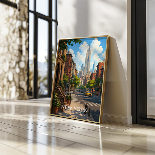 New York City travel poster featuring a sun-drenched West Village street scene with classic brownstone stoops, fire escapes, tree lined sidewalks, a yellow taxi cab and the Empire State Building rising into a bright blue sky, vintage style illustrated NYC wall art capturing the heart of Manhattan, perfect New York print for living rooms offices and anyone with memories of New York City, printed on premium 260gsm satin lustre paper, handmade in the UK by Hues and Reflections small business