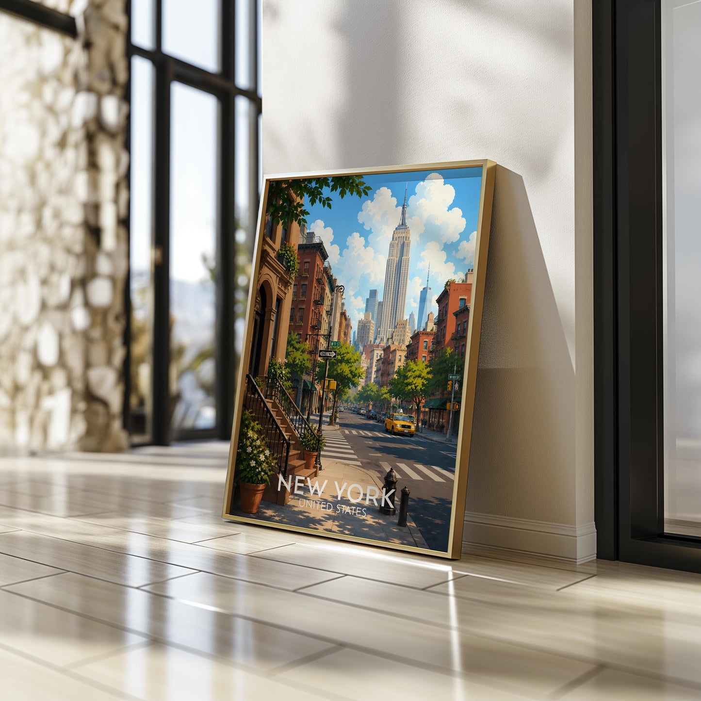 New York City travel poster featuring a sun-drenched West Village street scene with classic brownstone stoops, fire escapes, tree lined sidewalks, a yellow taxi cab and the Empire State Building rising into a bright blue sky, vintage style illustrated NYC wall art capturing the heart of Manhattan, perfect New York print for living rooms offices and anyone with memories of New York City, printed on premium 260gsm satin lustre paper, handmade in the UK by Hues and Reflections small business