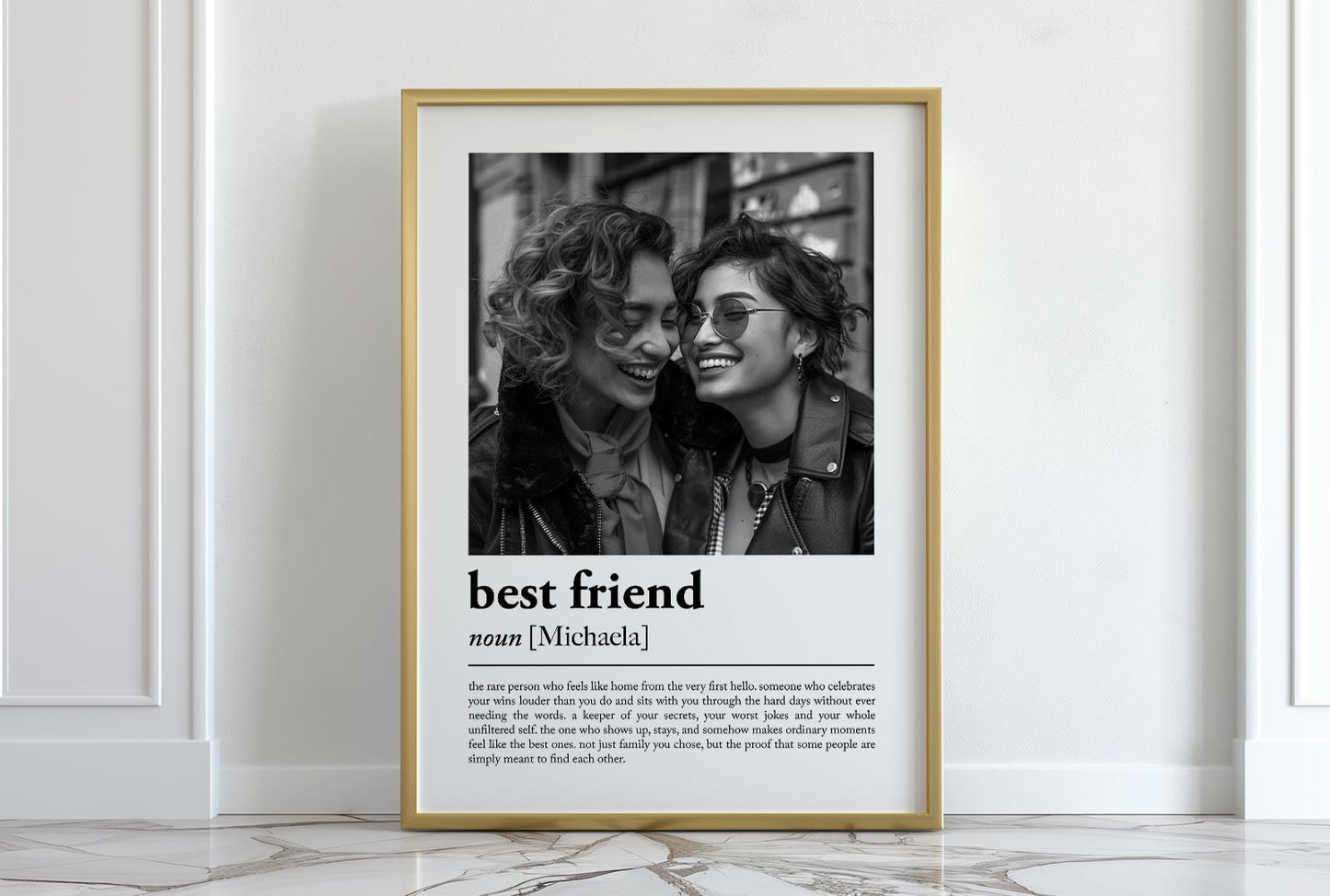 Personalised best friend definition print in a wooden frame, showing a photo of two friends above a dictionary-style best friend definition, custom bestie keepsake gift made in the UK.