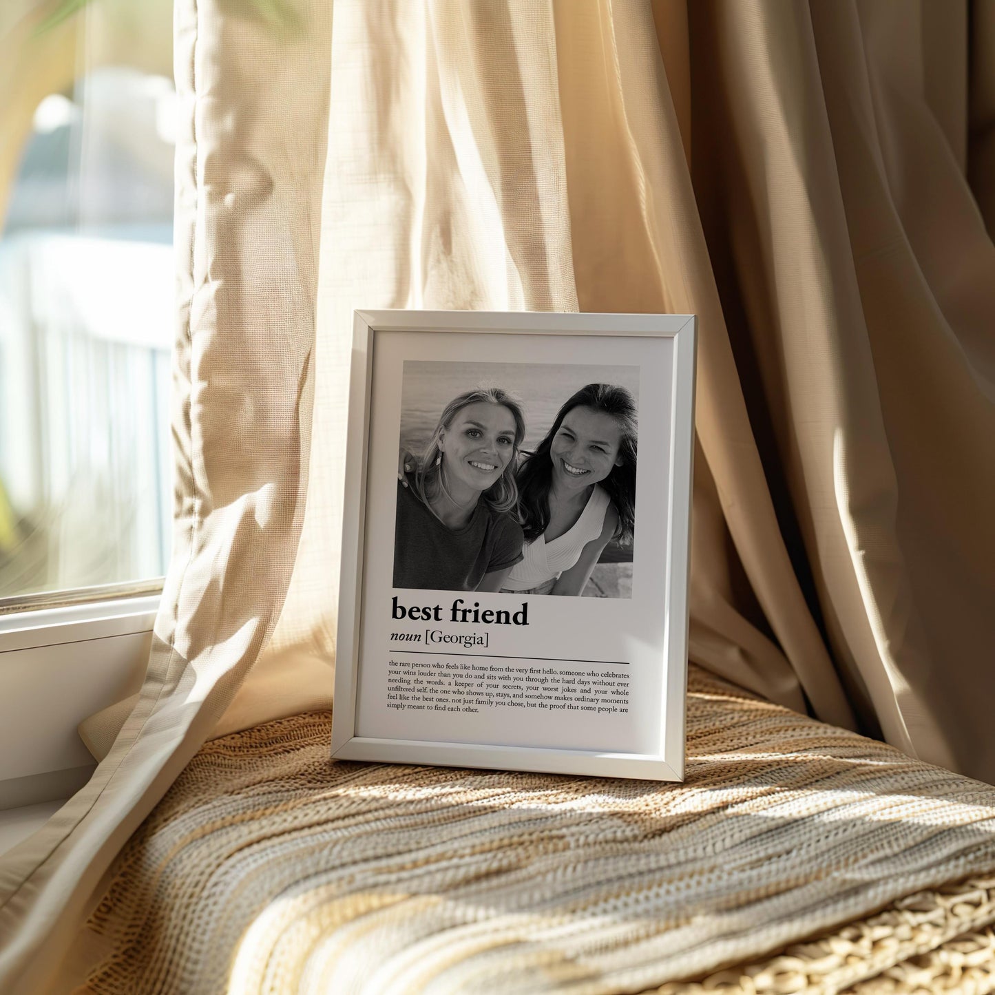 Personalised best friend definition print in a wooden frame, showing a photo of two friends above a dictionary-style best friend definition, custom bestie keepsake gift made in the UK.
