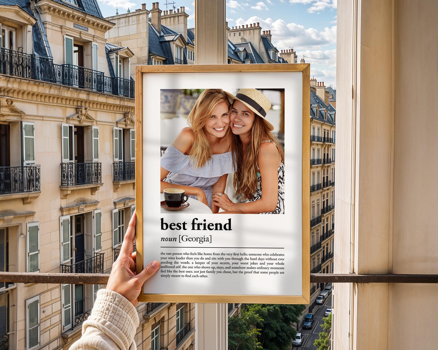 Personalised best friend definition print in a wooden frame, showing a photo of two friends above a dictionary-style best friend definition, custom bestie keepsake gift made in the UK.
