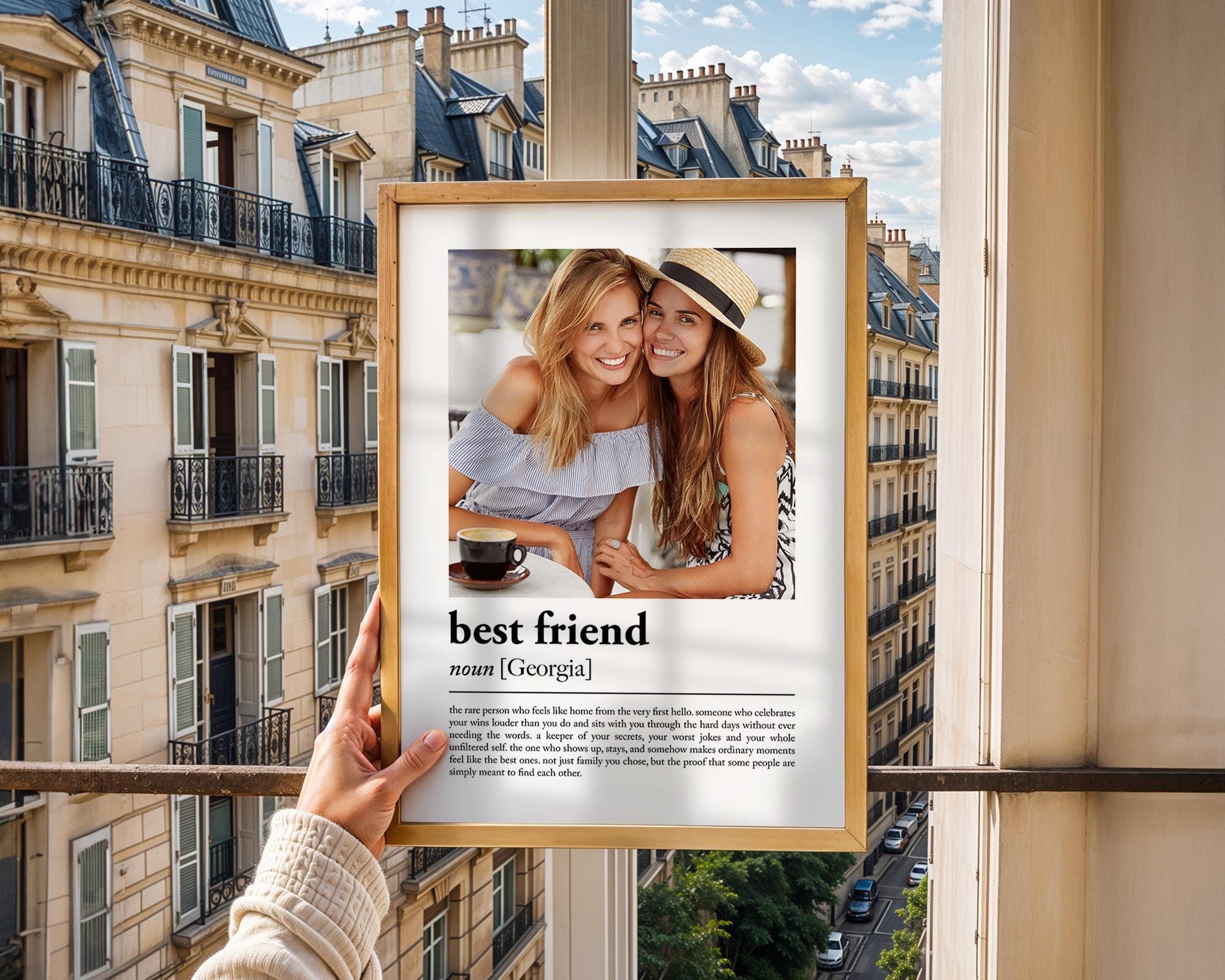 Personalised best friend definition print in a wooden frame, showing a photo of two friends above a dictionary-style best friend definition, custom bestie keepsake gift made in the UK.