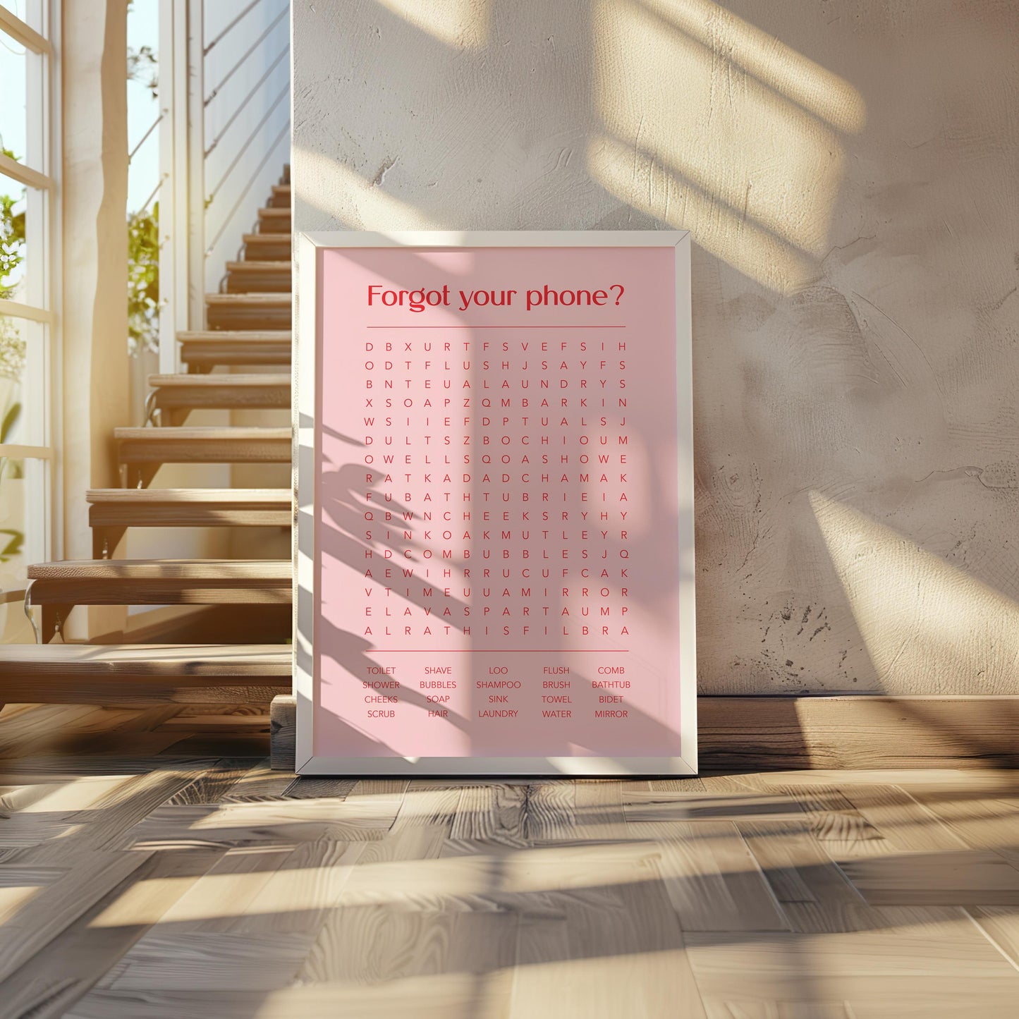 Funny bathroom word search print with the title Forgot Your Phone, modern typographic puzzle wall art featuring hidden bathroom themed words including shower bubbles bidet flush and comb, quirky toilet humour poster available in 8 colours including beige black and white blonde claret forest indigo lobster and olive, perfect for guest bathrooms powder rooms and as a housewarming gift, printed on premium 260gsm satin lustre paper, handmade in the UK by Hues and Reflections small business