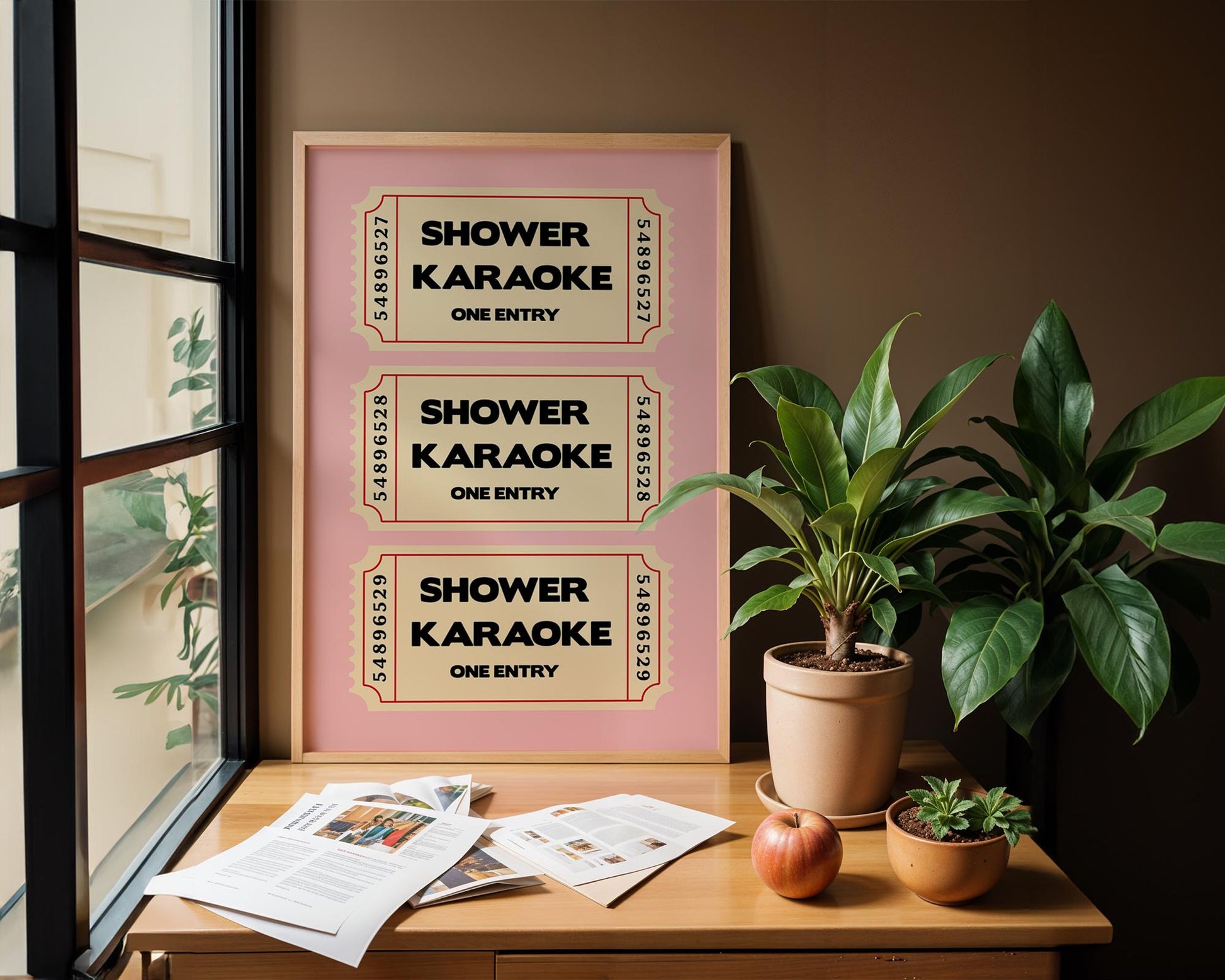 Shower Karaoke ticket print, funny pink bathroom wall art featuring a stack of three retro vintage style cream tickets with bold black typography reading Shower Karaoke One Entry on a soft blush pink background, trendy aesthetic poster for main bathrooms en-suites guest powder rooms and teen bathrooms, perfect housewarming and hen do gift for shower singers everywhere, printed on premium 260gsm satin lustre paper, handmade in the UK by Hues and Reflections small business