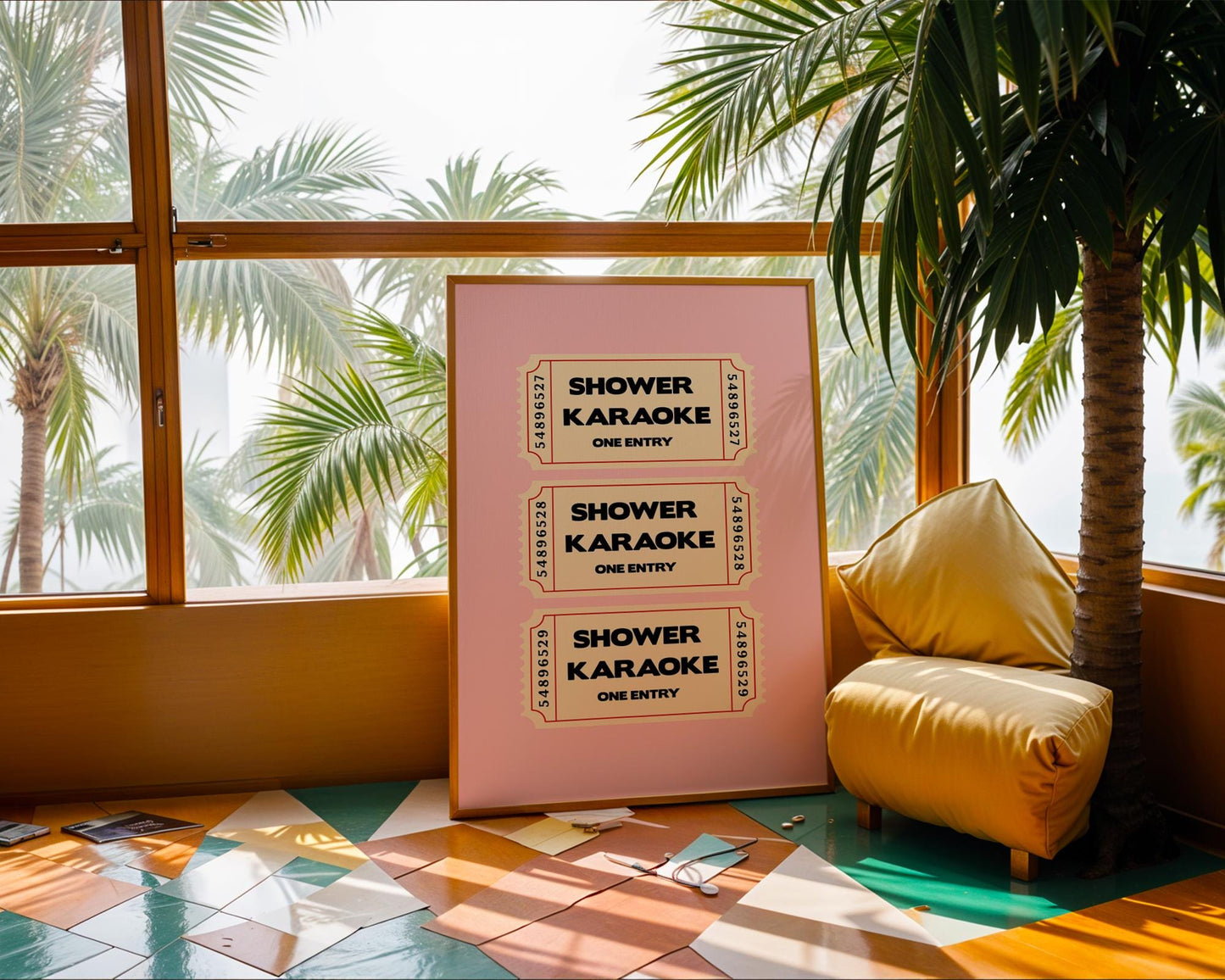 Shower Karaoke ticket print, funny pink bathroom wall art featuring a stack of three retro vintage style cream tickets with bold black typography reading Shower Karaoke One Entry on a soft blush pink background, trendy aesthetic poster for main bathrooms en-suites guest powder rooms and teen bathrooms, perfect housewarming and hen do gift for shower singers everywhere, printed on premium 260gsm satin lustre paper, handmade in the UK by Hues and Reflections small business