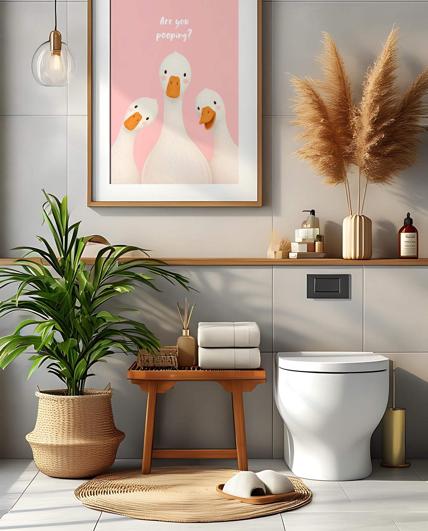 Are You Pooping print, funny bathroom wall art featuring three cute white geese with orange beaks and rosy cheeks on a soft coloured background, whimsical illustrated toilet humour poster also loved as duck art and silly goose art, available in 11 colours including pink jade olive yellow forest green blue sky blonde blue dusk grey claret indigo and white, perfect housewarming gift for powder rooms guest bathrooms and quirky interiors, printed on premium 260gsm satin lustre paper
