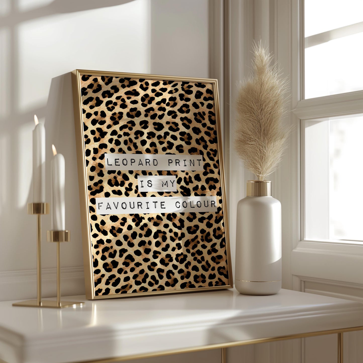 Leopard Print Is My Favourite Colour print, funny fashion quote wall art featuring a classic leopard animal print background with magazine cutout typewriter style text, trendy poster for dressing rooms walk in wardrobes bedrooms vanity corners and home offices, perfect gift for fashion lovers stylists Carrie Bradshaw fans best friends sisters and Galentines, pairs with maximalist eclectic and fashion led interiors, printed on premium 260gsm satin lustre paper