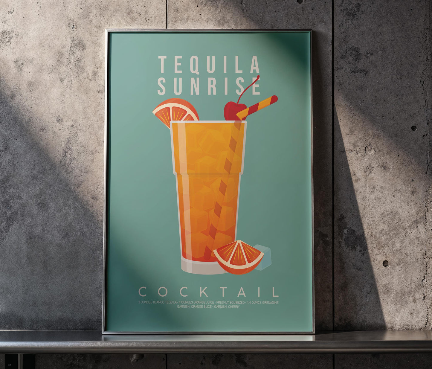 Margarita cocktail recipe print, minimalist printable wall art featuring the margarita ingredients of white tequila triple sec and lime wedge with a salted rim glass illustration, modern cocktail poster for kitchens home bars bar carts and dining rooms, instant digital download in multiple print ratios including A5 A4 A3 A2 and US sizes, perfect housewarming gift for cocktail lovers bartenders and tequila fans, designed in the UK by Hues and Reflections small business