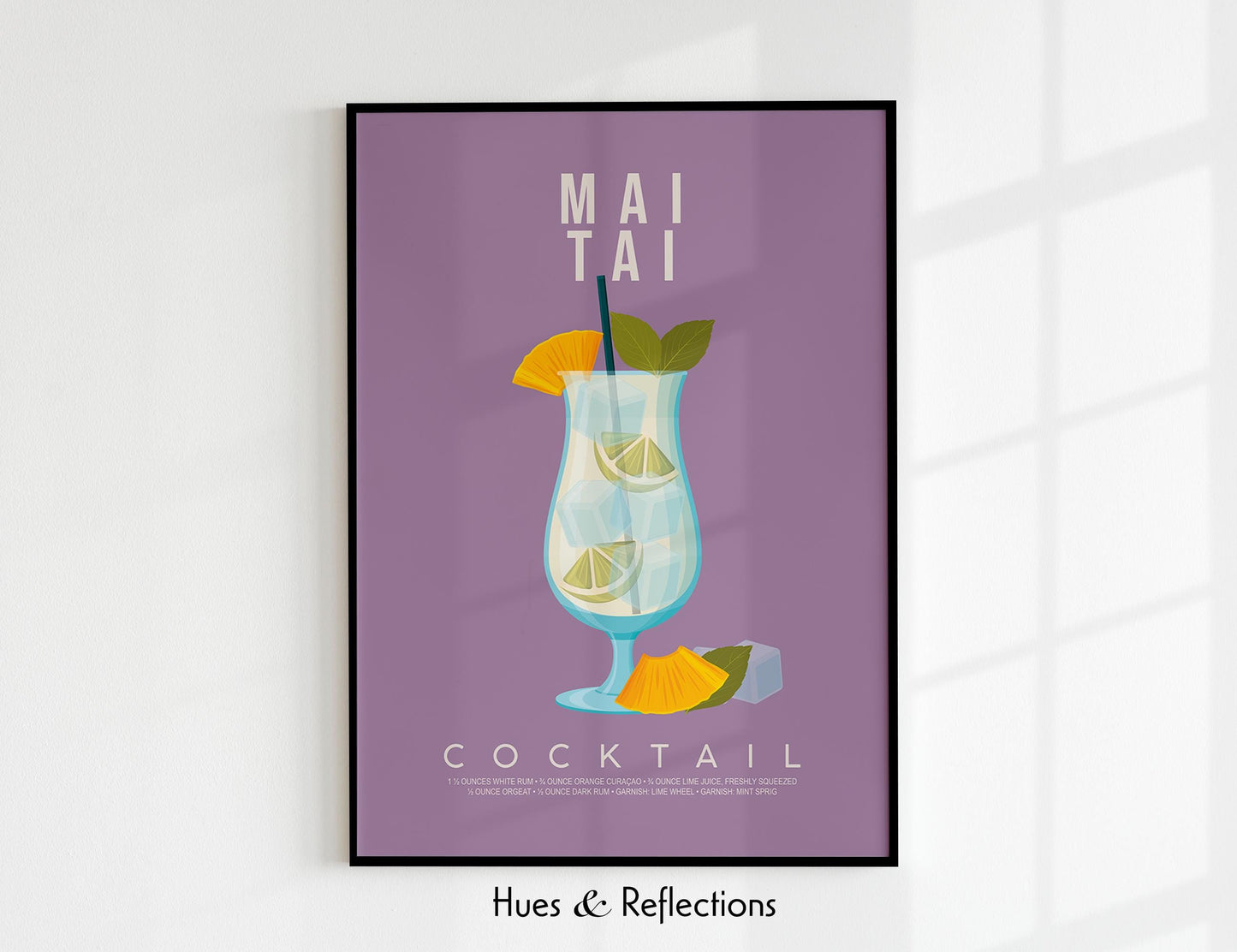 Mai Tai cocktail recipe print, tropical printable wall art featuring the classic tiki cocktail ingredients of white rum dark rum orange curaçao and orgeat with a pineapple wedge garnish on a soft purple background, modern cocktail poster for kitchens home tiki bars bar carts and summer entertaining spaces, instant digital download in multiple print ratios including A5 A4 A3 A2 and US sizes, perfect housewarming gift for rum lovers tiki fans and tropical aesthetic devotees.