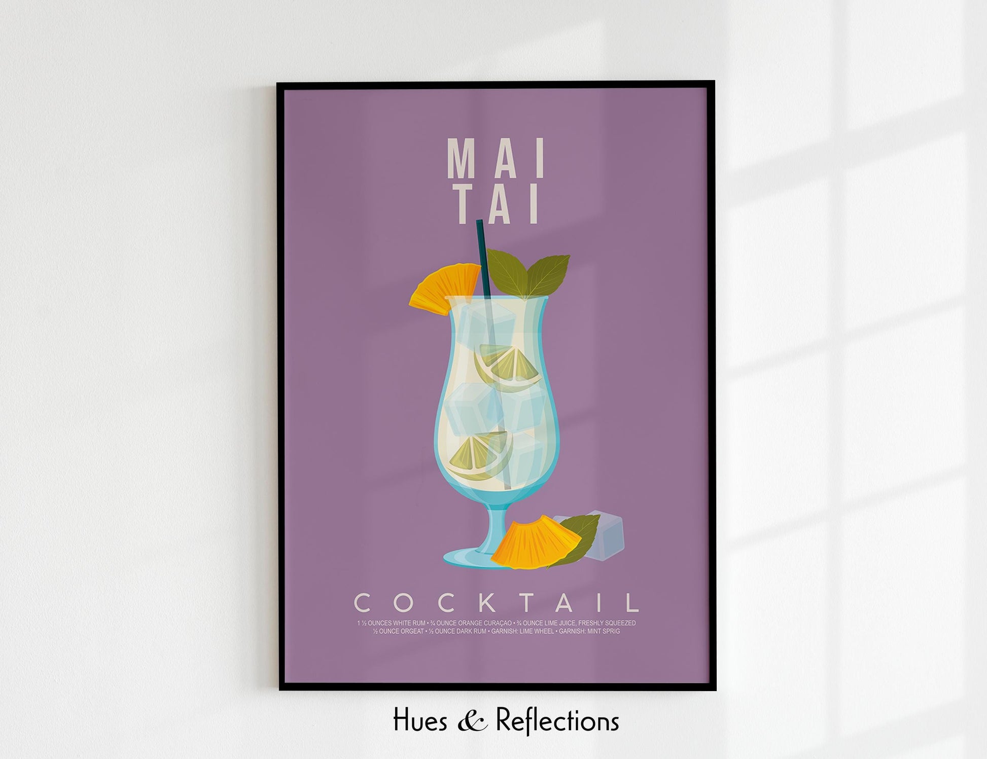 Mai Tai cocktail recipe print, tropical printable wall art featuring the classic tiki cocktail ingredients of white rum dark rum orange curaçao and orgeat with a pineapple wedge garnish on a soft purple background, modern cocktail poster for kitchens home tiki bars bar carts and summer entertaining spaces, instant digital download in multiple print ratios including A5 A4 A3 A2 and US sizes, perfect housewarming gift for rum lovers tiki fans and tropical aesthetic devotees.