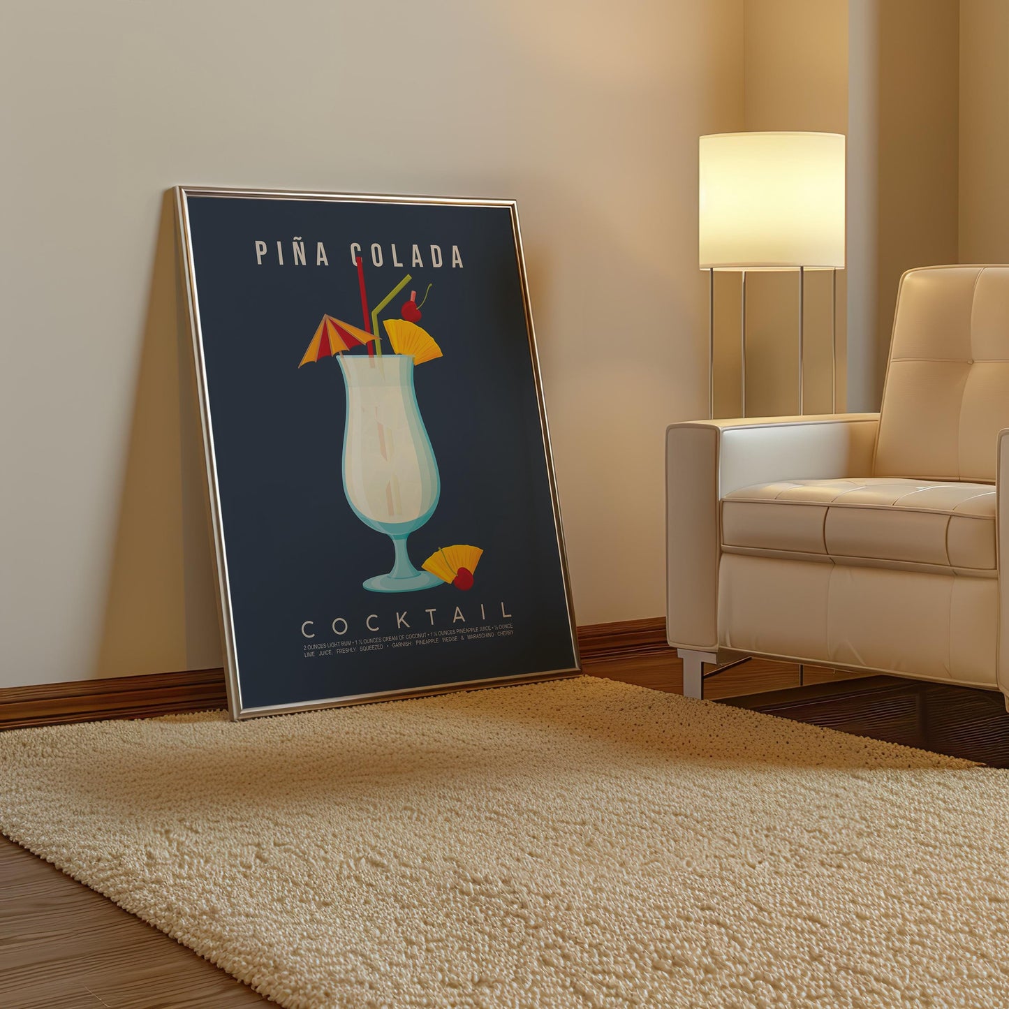 Pina Colada cocktail recipe print, tropical printable wall art featuring the classic Caribbean cocktail ingredients of white rum pineapple juice and coconut cream with a frozen cocktail glass illustration, modern cocktail poster for kitchens home bars bar carts and summer entertaining spaces, instant digital download in multiple print ratios including A5 A4 A3 A2 and US sizes, perfect housewarming gift for rum lovers Caribbean cocktail fans and beach aesthetic devotees