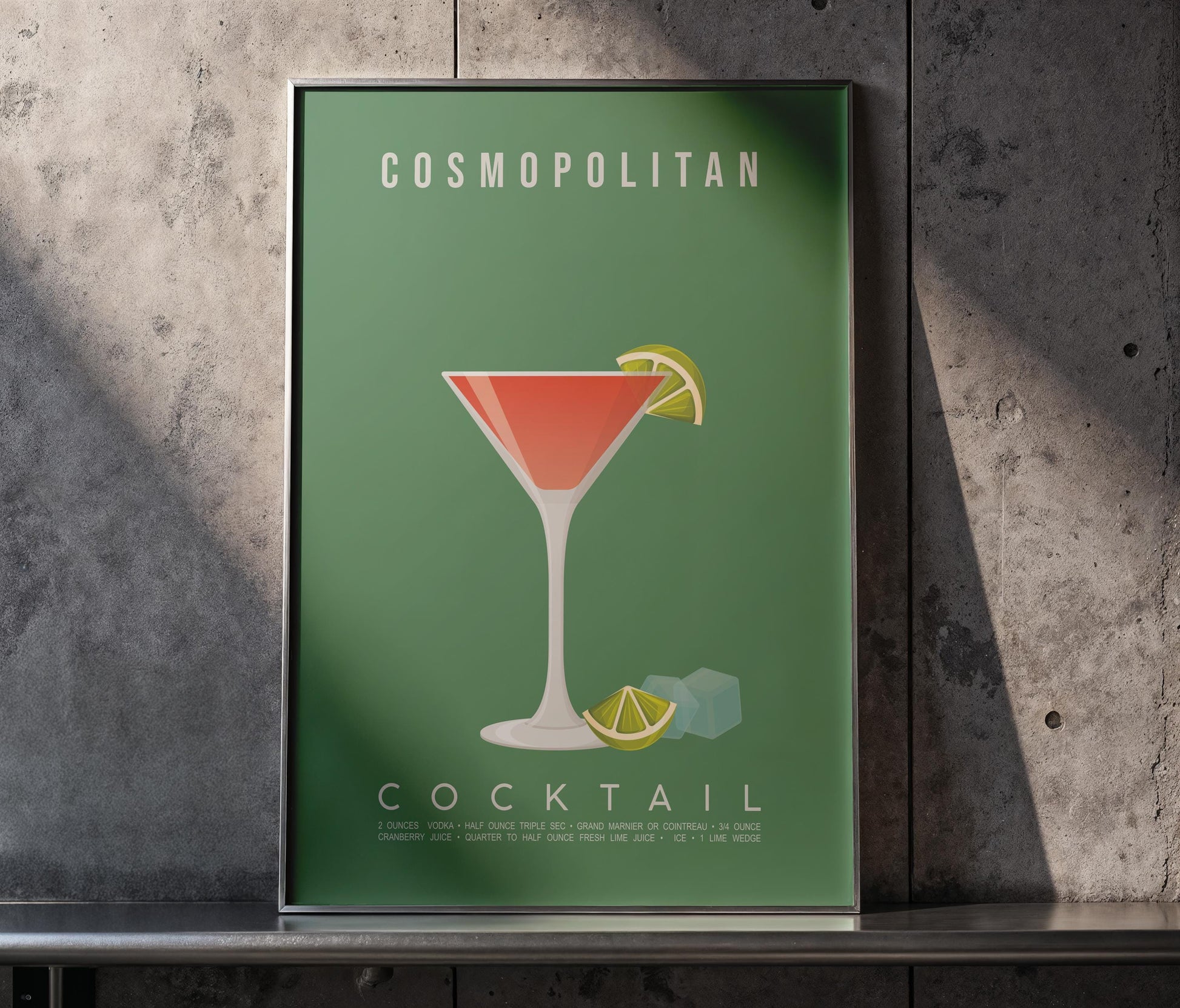 Cosmopolitan cocktail recipe print, glamorous printable wall art featuring the iconic pink cocktail ingredients of vodka triple sec cranberry juice and fresh lime with a martini glass illustration, modern cocktail poster for kitchens home bars bar carts and girls night spaces, instant digital download in multiple print ratios including A5 A4 A3 A2 and US sizes, perfect bachelorette and Sex and the City fan gift for cocktail lovers and pink aesthetic devotees