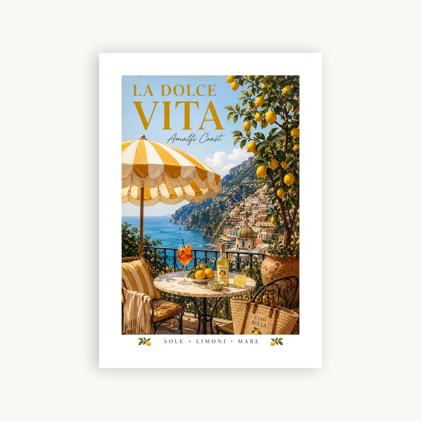 La Dolce Vita Amalfi Coast poster featuring a sunny Italian balcony with yellow and white striped umbrella, marble bistro table with Aperol spritz and Limoncello, lemon tree and view of Positano coastline, vintage Italian travel poster style wall art in warm golden palette, perfect Mediterranean print for kitchens dining rooms and Italy lovers, printed on premium 260gsm satin lustre paper, handmade in the UK by Hues and Reflections small business