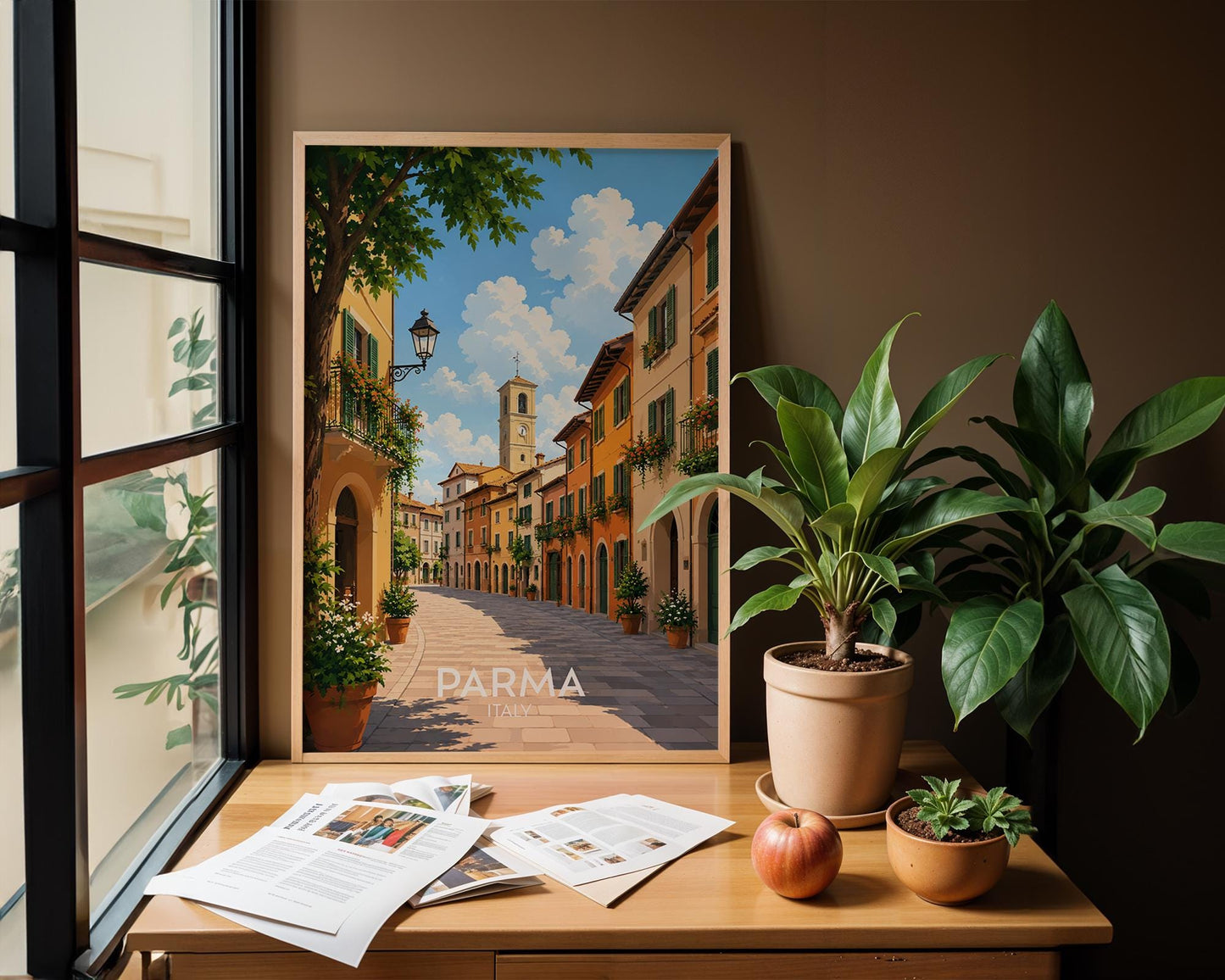 Parma Italy travel poster featuring a sun-drenched cobbled street lined with warm ochre and terracotta buildings, green wooden shutters, flower-filled balconies and a bell tower against a blue summer sky, vintage Italian travel poster style wall art capturing the charm of Emilia Romagna, perfect Italy print for kitchens dining rooms food lovers and anyone with memories of Parma, printed on premium 260gsm satin lustre paper, handmade in the UK by Hues and Reflections small business